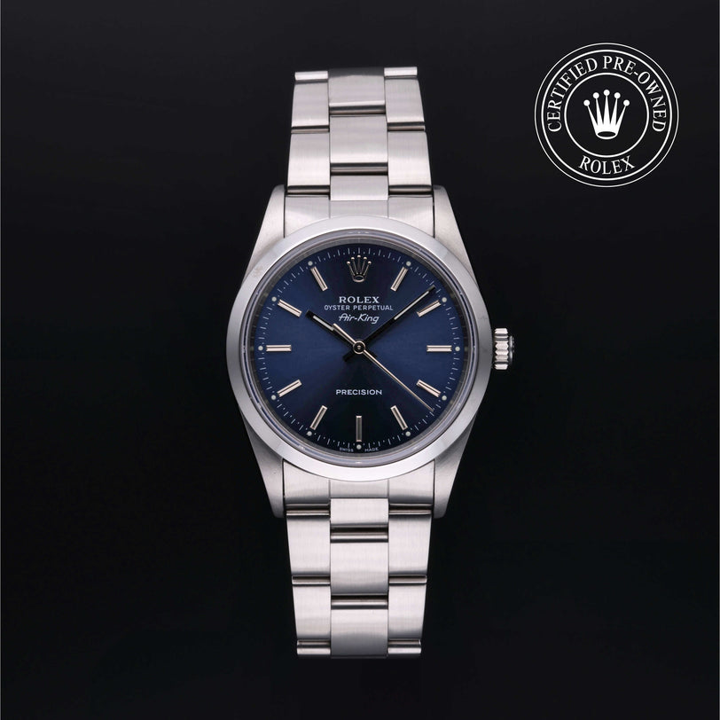 Rolex Certified Pre-owned Air-King M14000-0001 front on black background