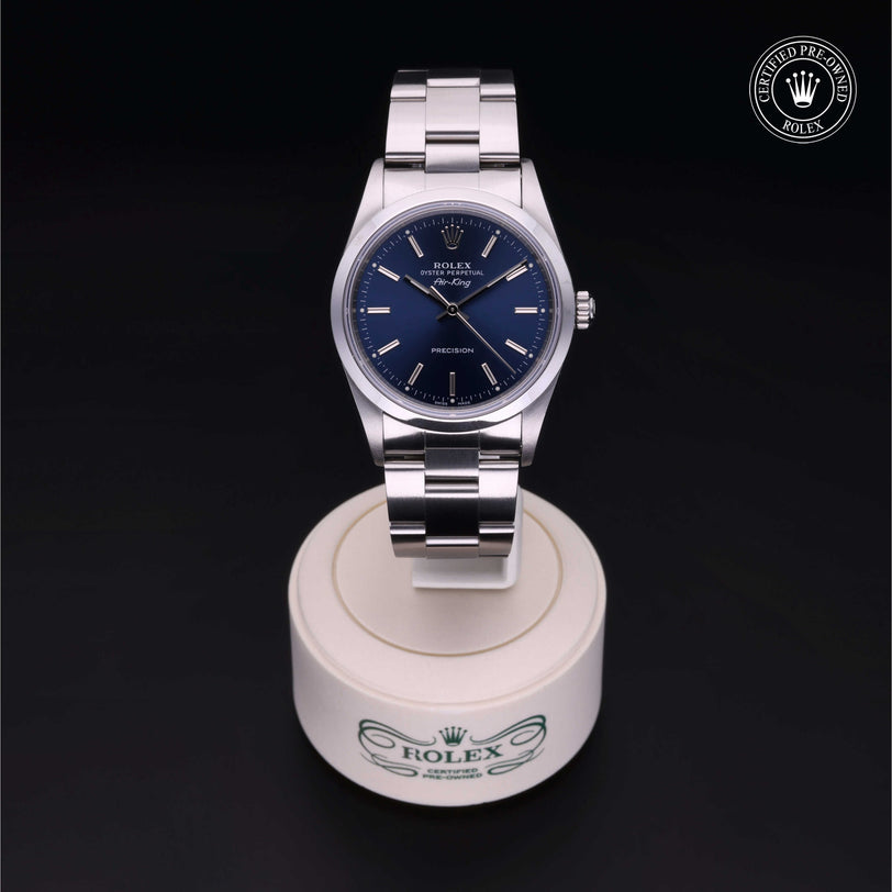 Rolex Certified Pre-owned Air-King M14000-0001 front on black background