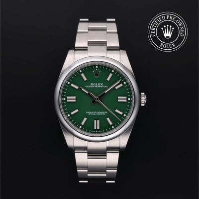 Rolex Certified Pre-owned Oyster Perpetual M124300-0005 front on black background