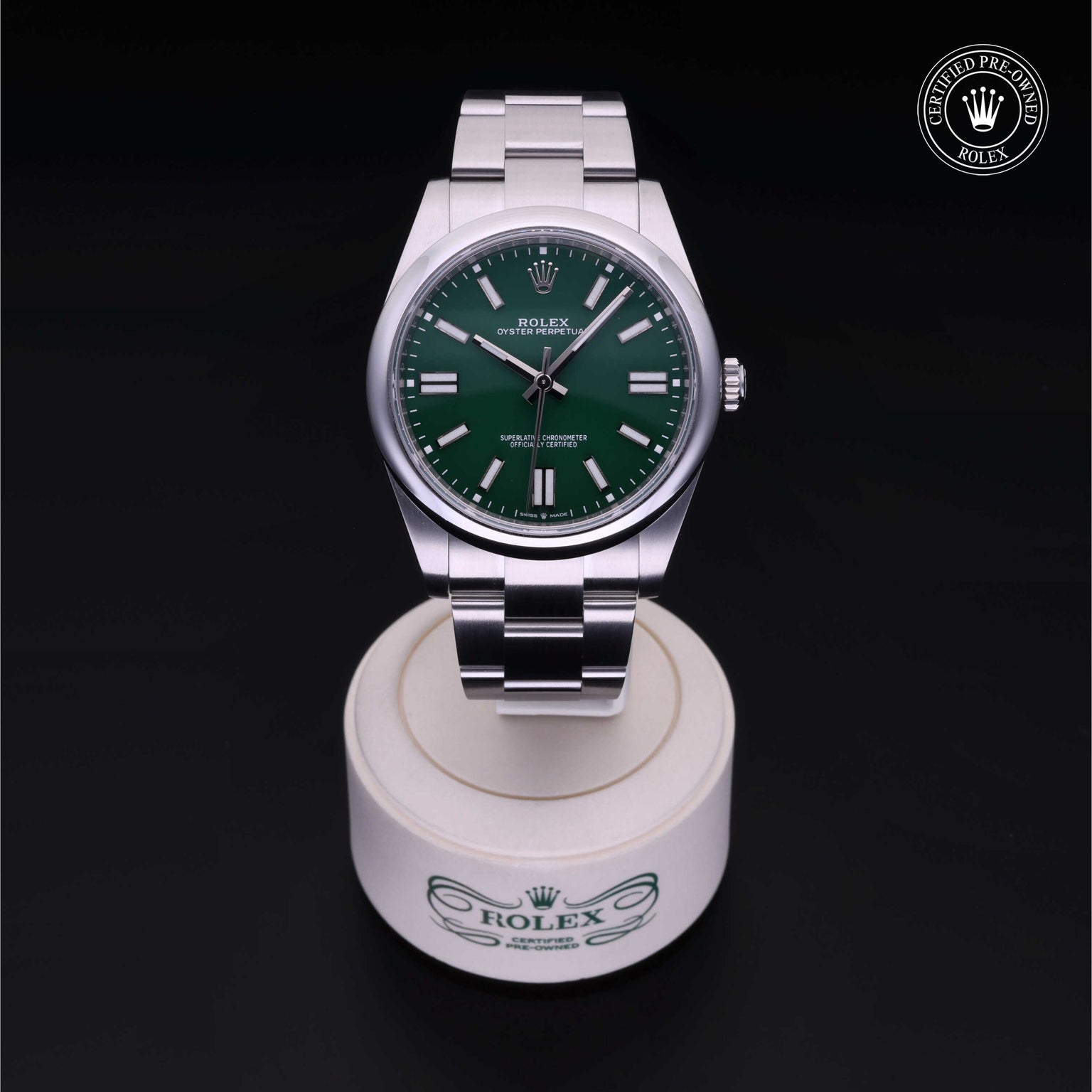 Rolex Certified Pre-owned Oyster Perpetual M124300-0005 front on black background