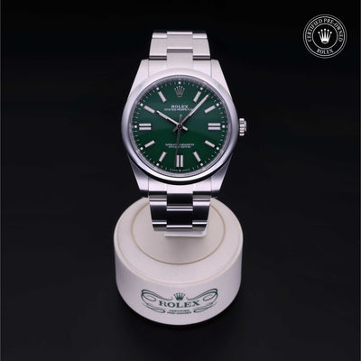 Rolex Certified Pre-owned Oyster Perpetual M124300-0005 front on black background