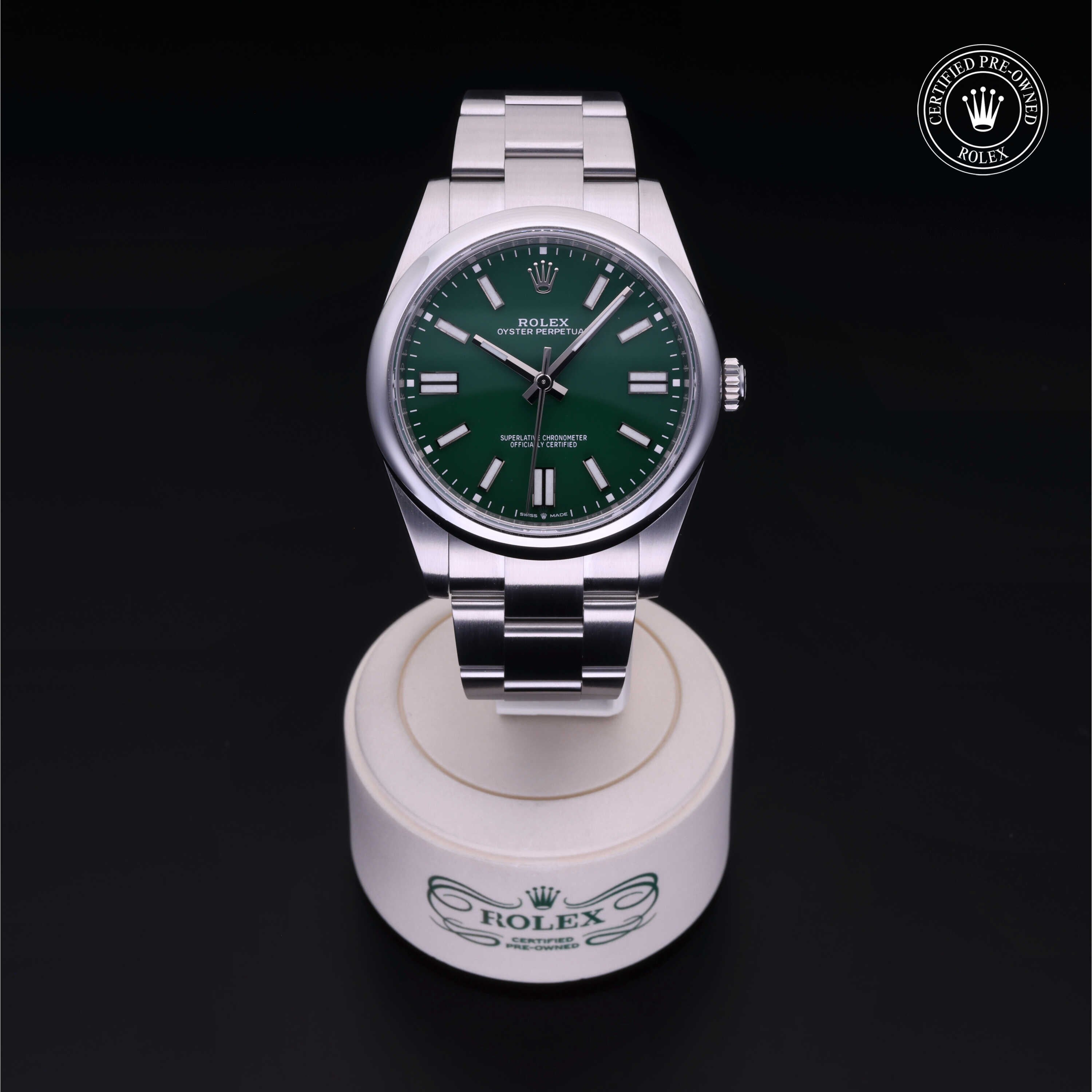 Rolex Certified Pre-owned Oyster Perpetual M124300-0005 front on black background