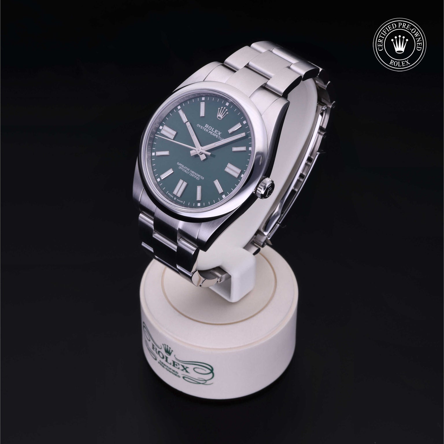 Rolex Certified Pre-owned Oyster Perpetual M124300-0005 front on black background