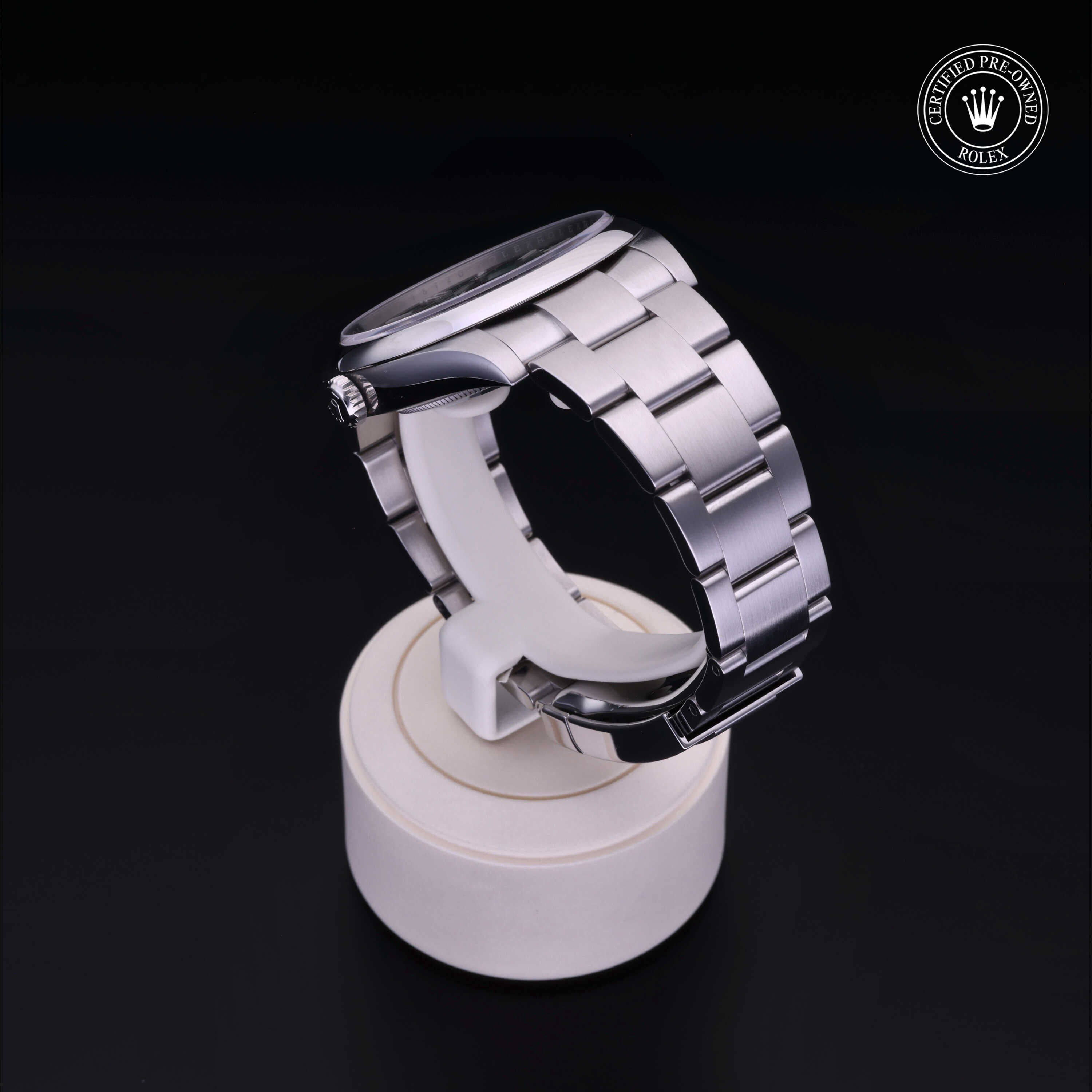 Rolex Certified Pre-owned Oyster Perpetual M124300-0005 front on black background