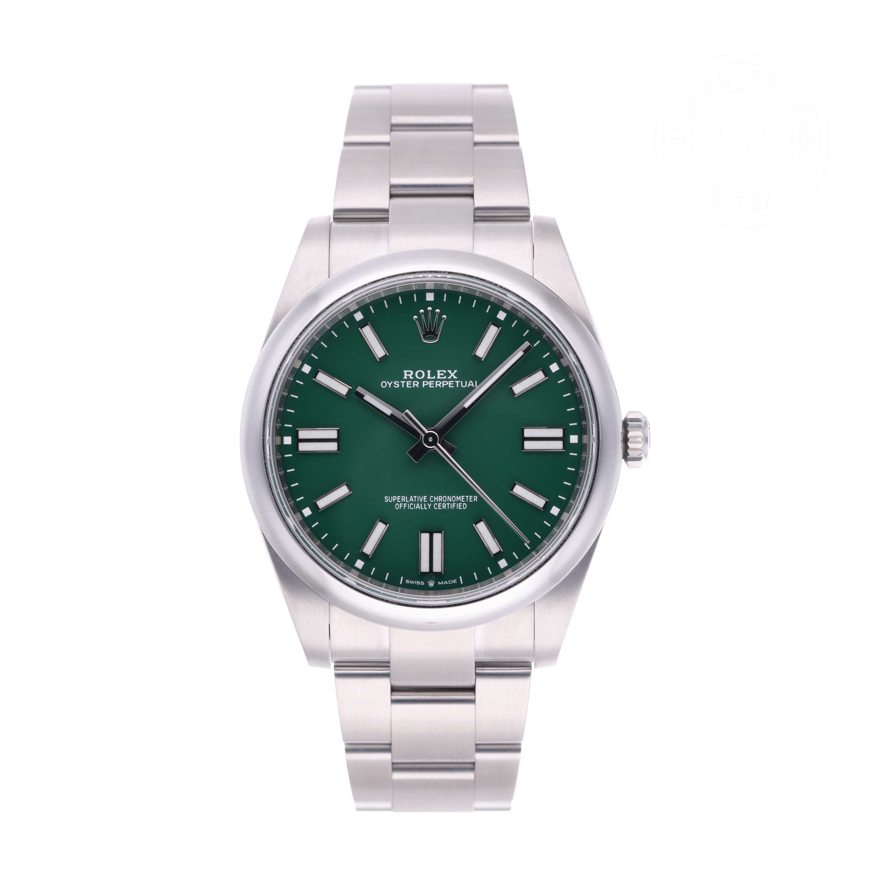 Rolex Certified Pre-owned Oyster Perpetual M124300-0005 front on white background