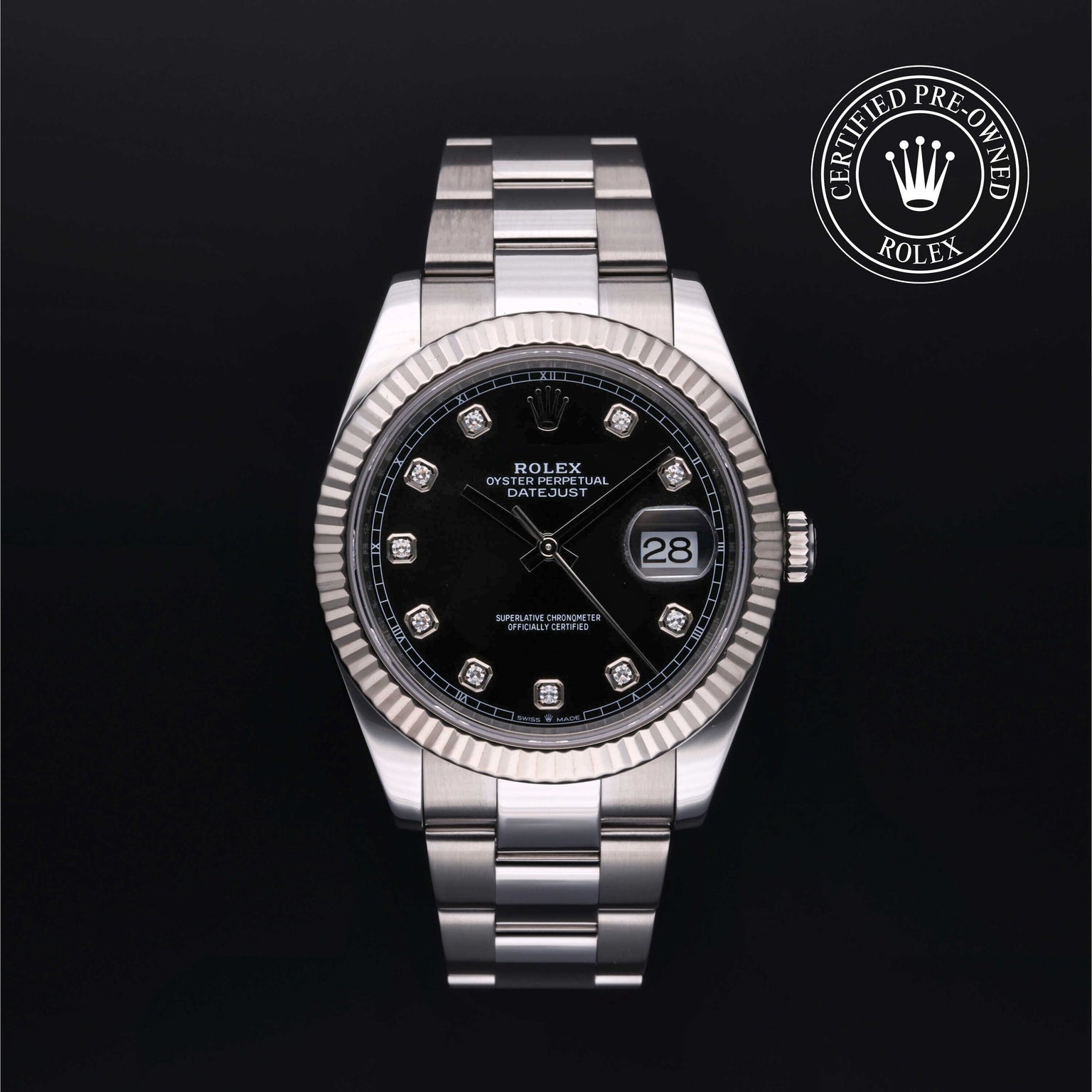 Rolex Certified Pre-owned Datejust M126334-0011 front on black background