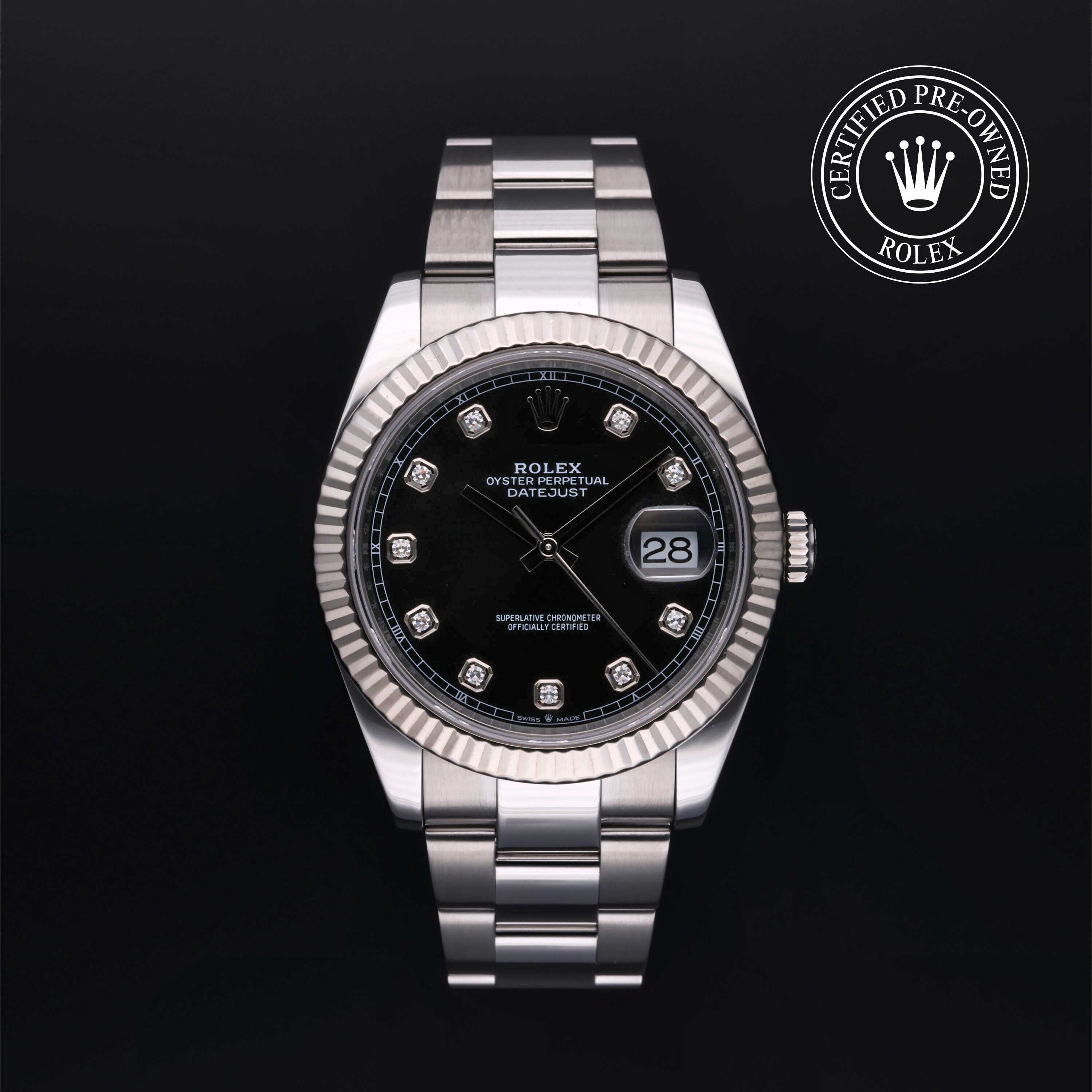Rolex Certified Pre-owned Datejust M126334-0011 front on black background