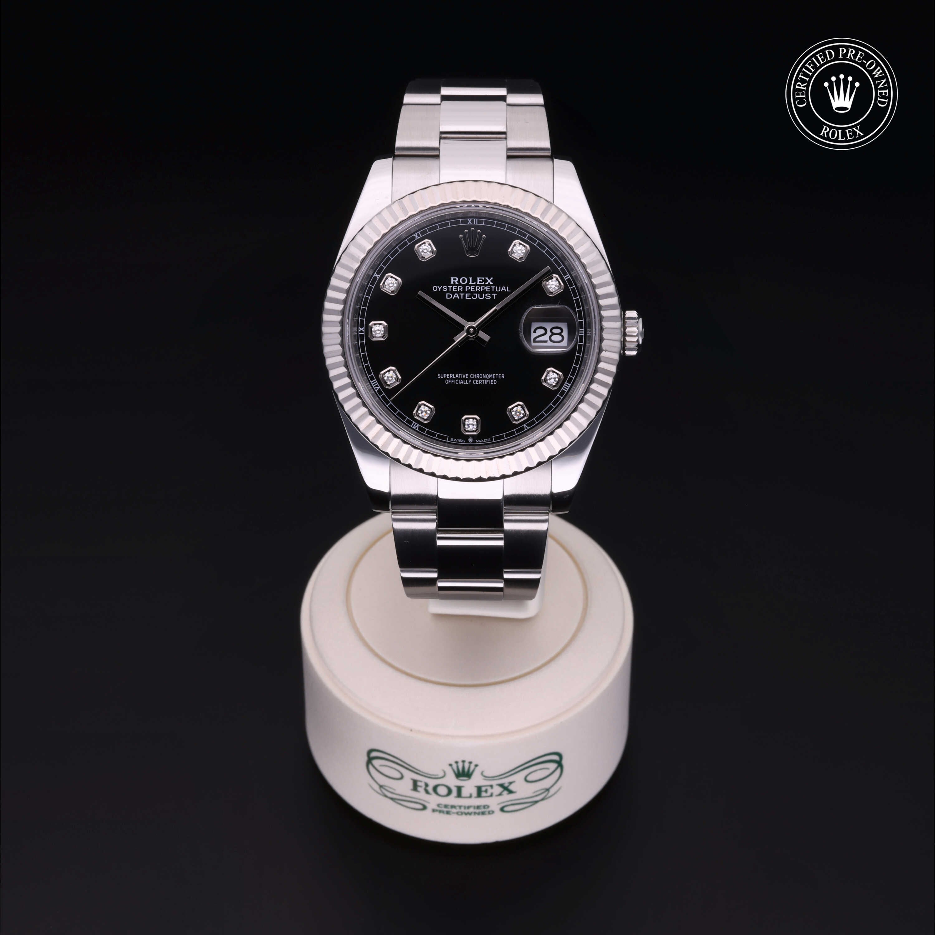Rolex Certified Pre-owned Datejust M126334-0011 front on black background
