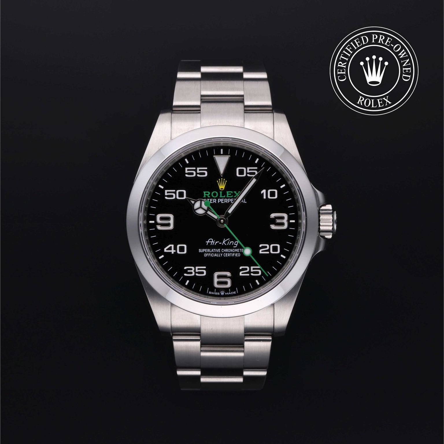 Rolex Certified Pre-owned Air-King M126900-0001 front on black background