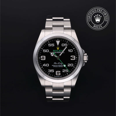 Rolex Certified Pre-owned Air-King M126900-0001 front on black background