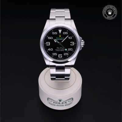 Rolex Certified Pre-owned Air-King M126900-0001 front on black background
