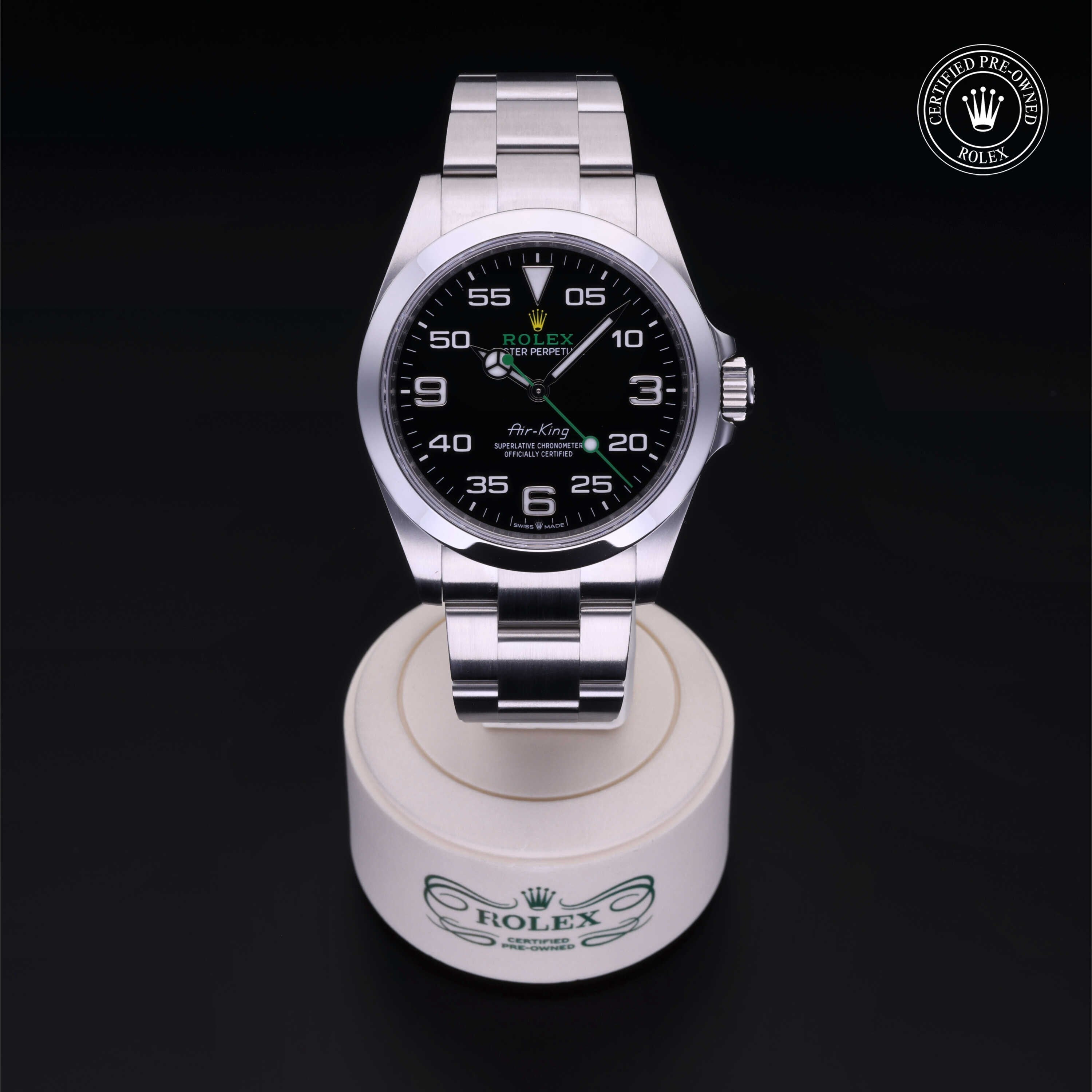 Rolex Certified Pre-owned Air-King M126900-0001 front on black background