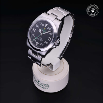 Rolex Certified Pre-owned Air-King M126900-0001 front on black background