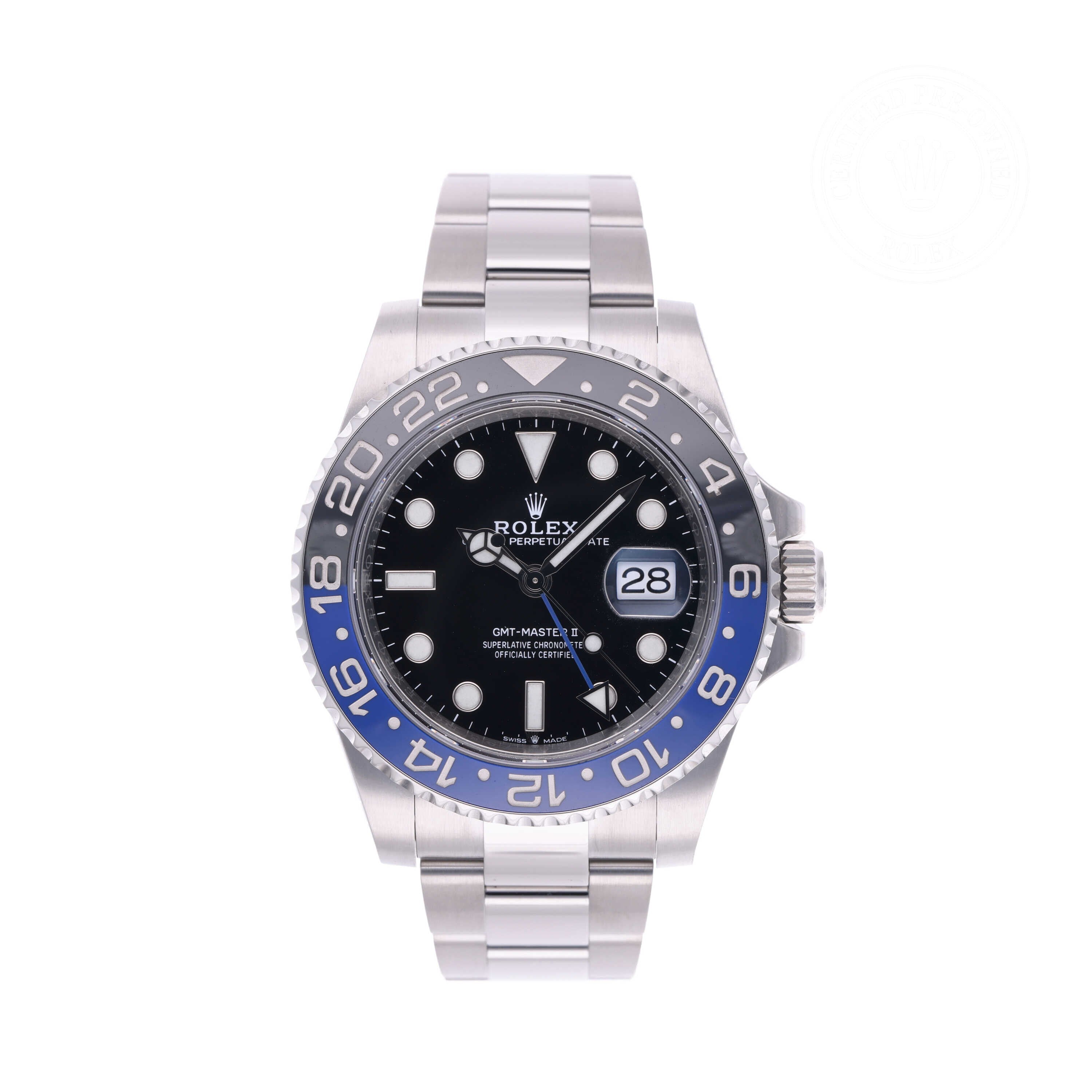 Rolex Certified Pre-owned GMT II M126710BLNR-0003 front on white background