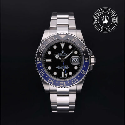 Rolex Certified Pre-owned GMT M116710BLNR-0002 front on black background