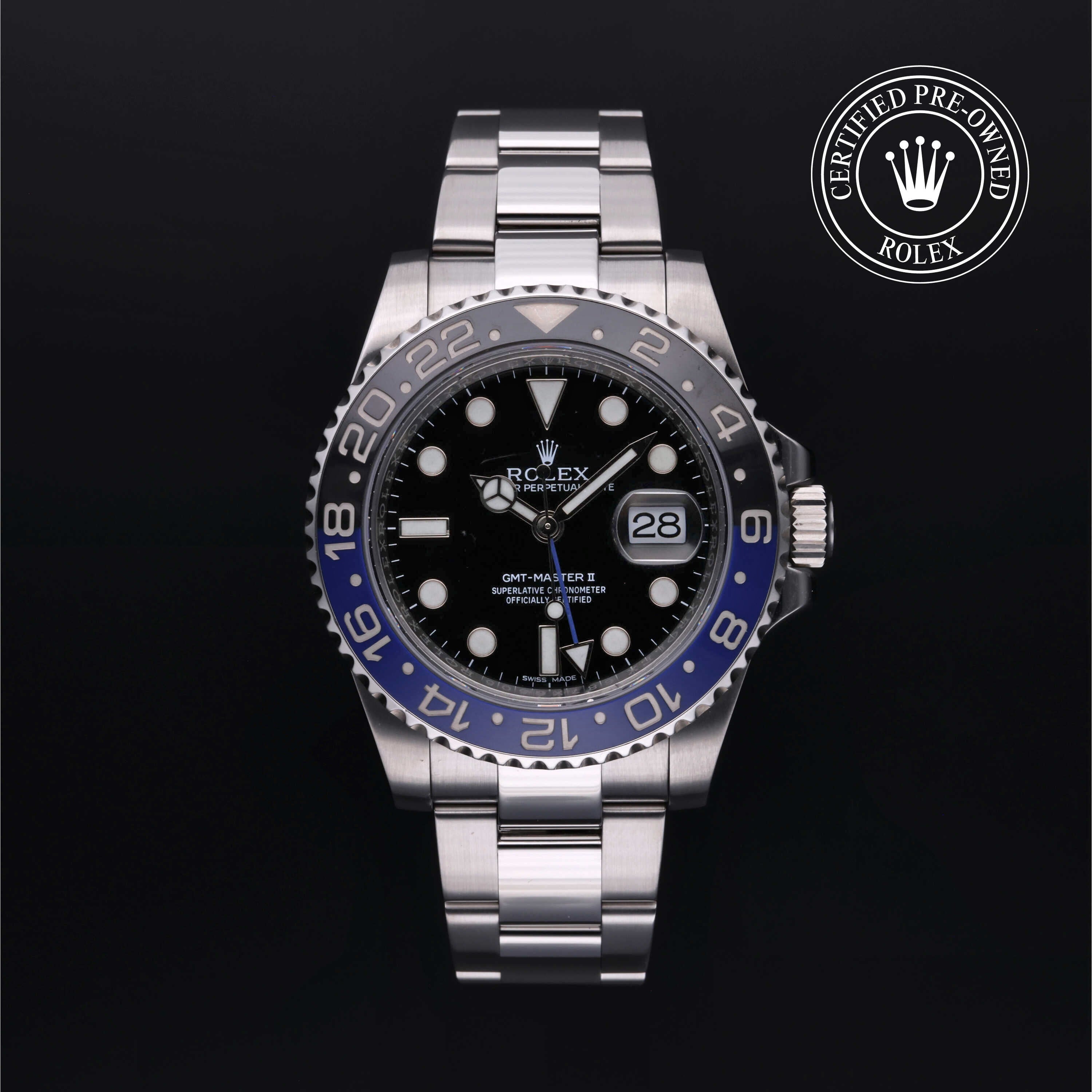 Rolex Certified Pre-owned GMT M116710BLNR-0002 front on black background