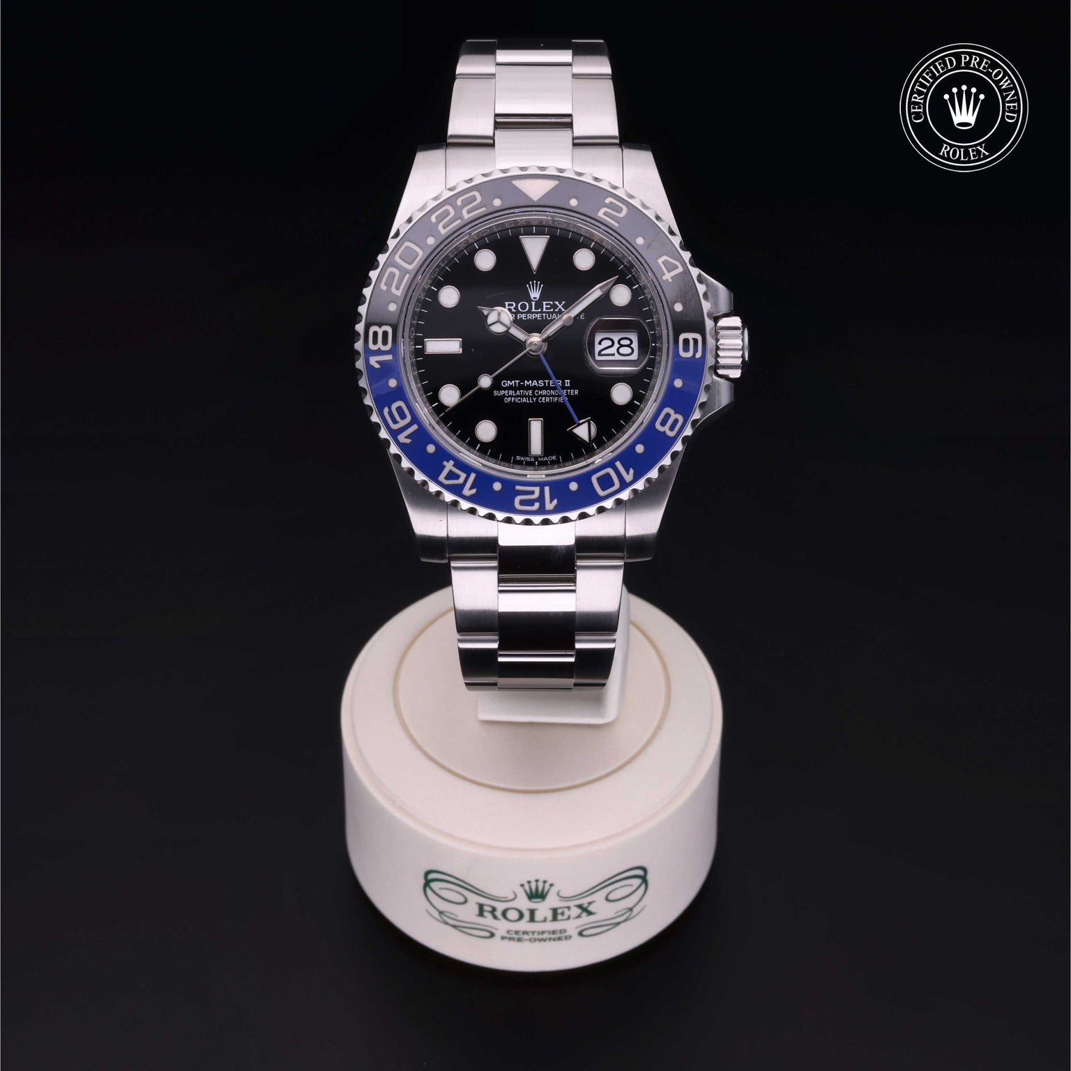 Rolex Certified Pre-owned GMT M116710BLNR-0002 front on black background
