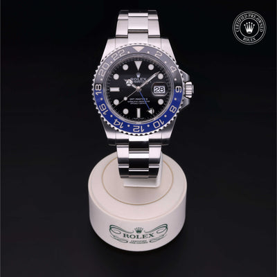 Rolex Certified Pre-owned GMT M116710BLNR-0002 front on black background