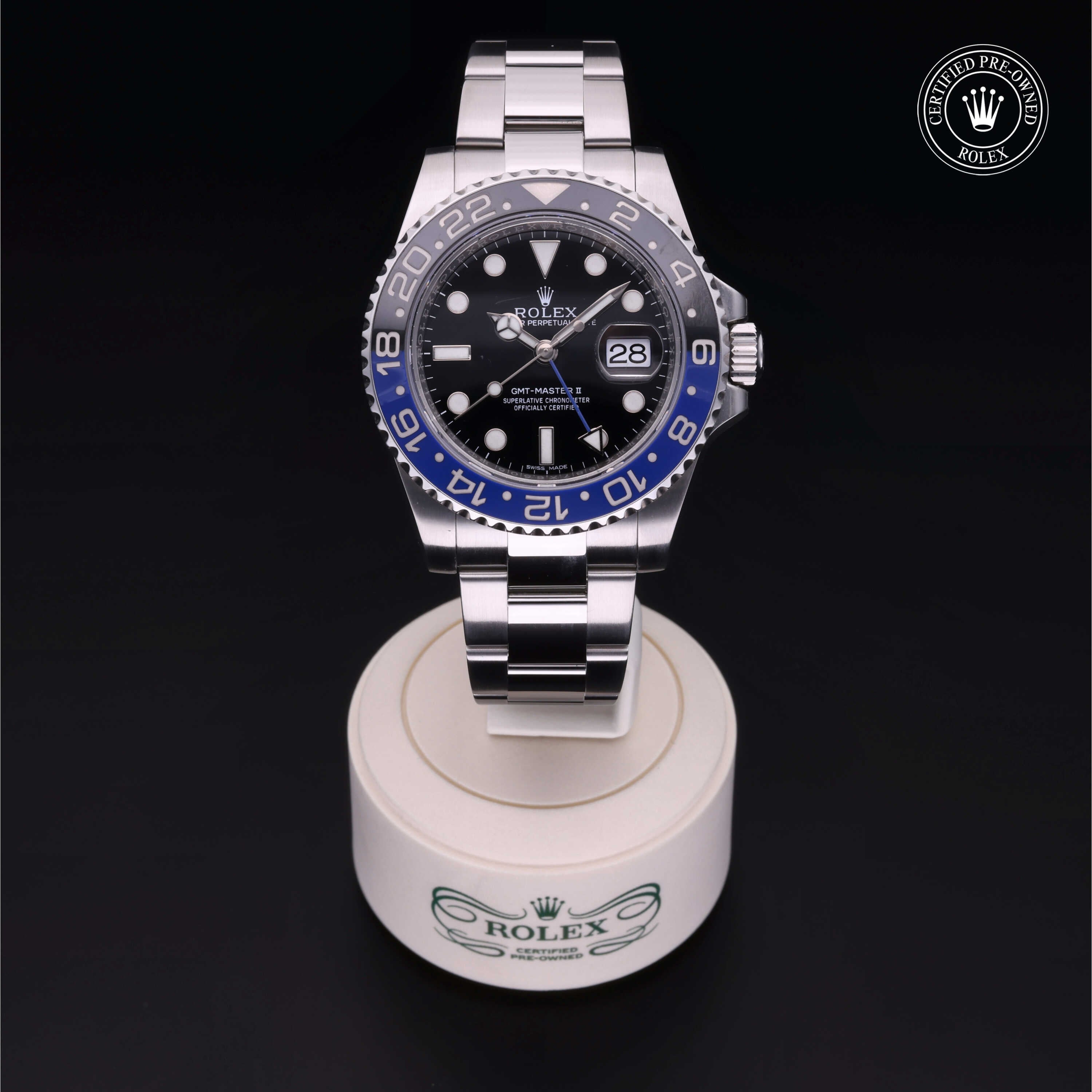Rolex Certified Pre-owned GMT M116710BLNR-0002 front on black background
