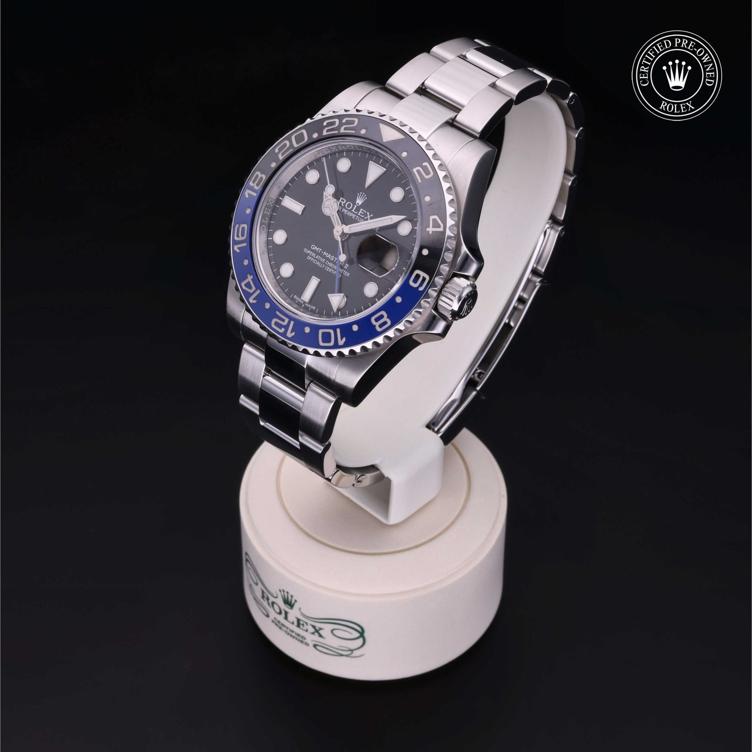 Rolex Certified Pre-owned GMT M116710BLNR-0002 front on black background
