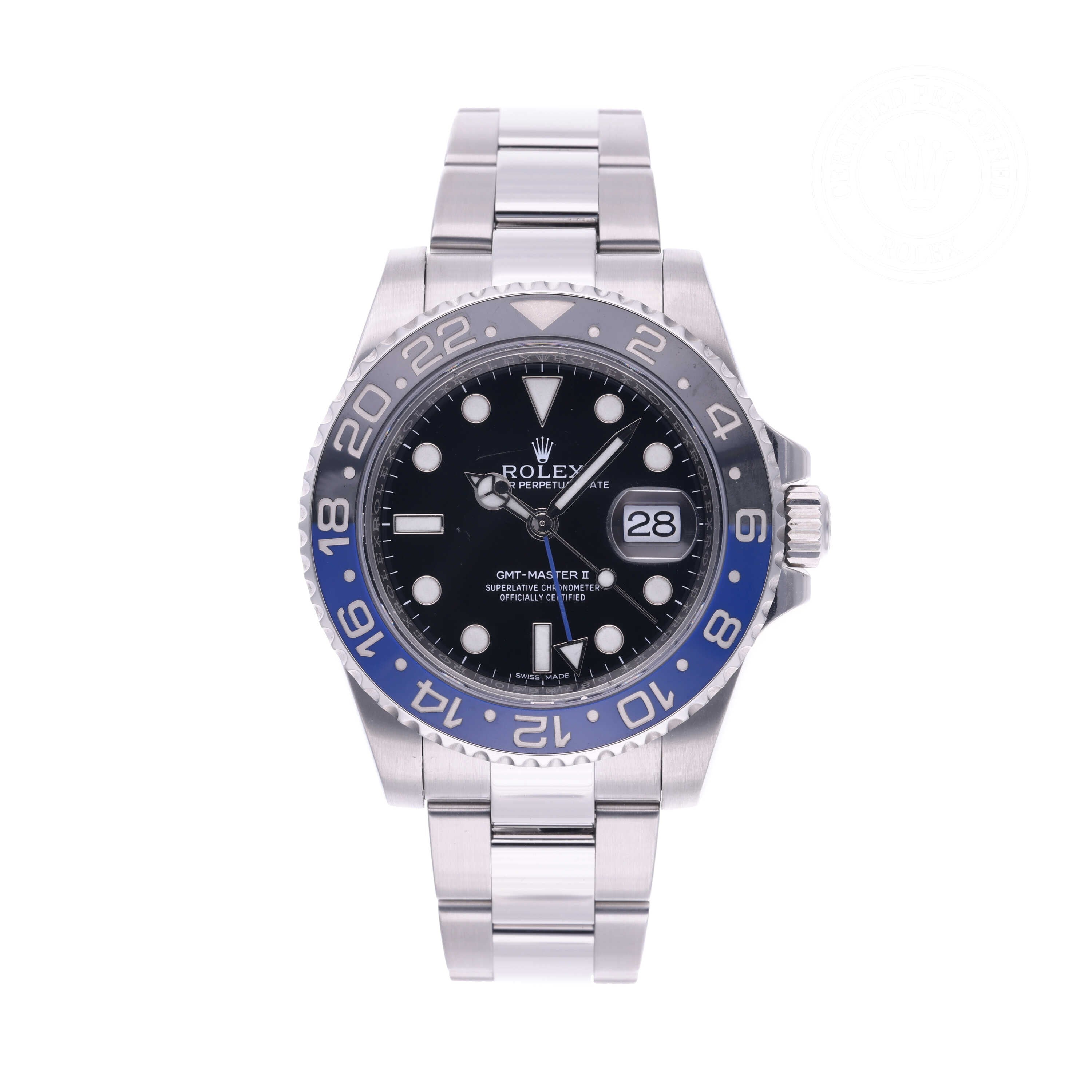 Rolex Certified Pre-owned GMT M116710BLNR-0002 front on white background