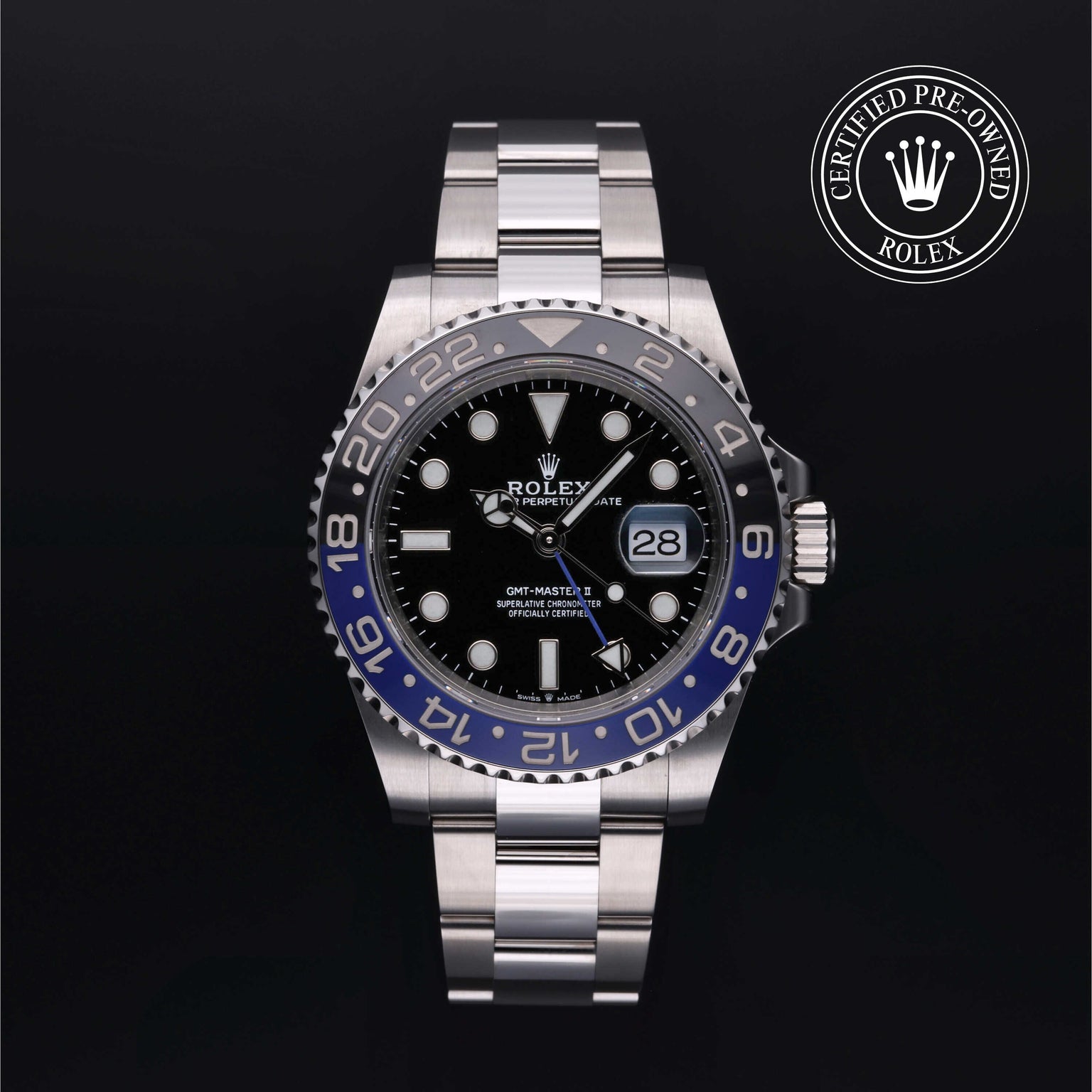 Rolex Certified Pre-owned GMT M126710BLNR-0003 front on black background
