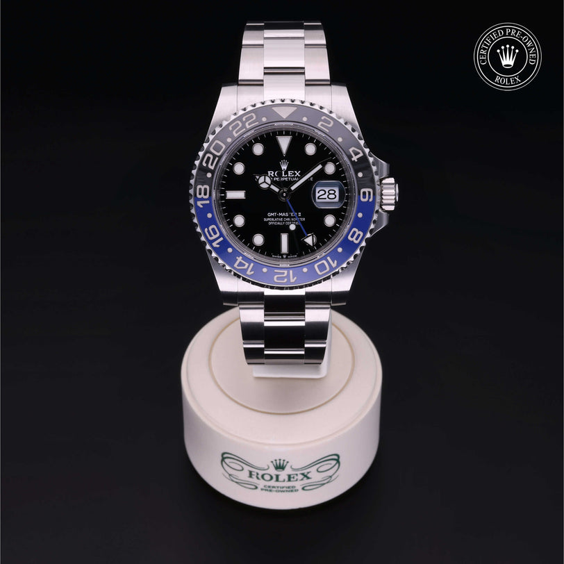 Rolex Certified Pre-owned GMT M126710BLNR-0003 front on black background