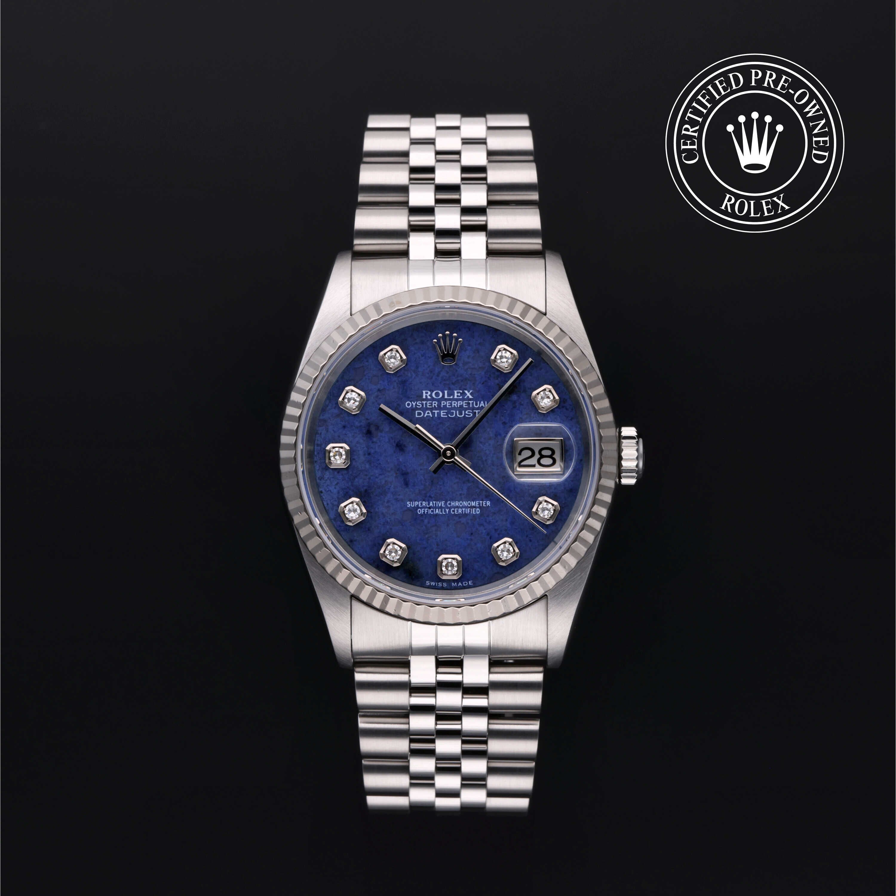 Rolex Certified Pre-owned Datejust M16234-0060 front on black background