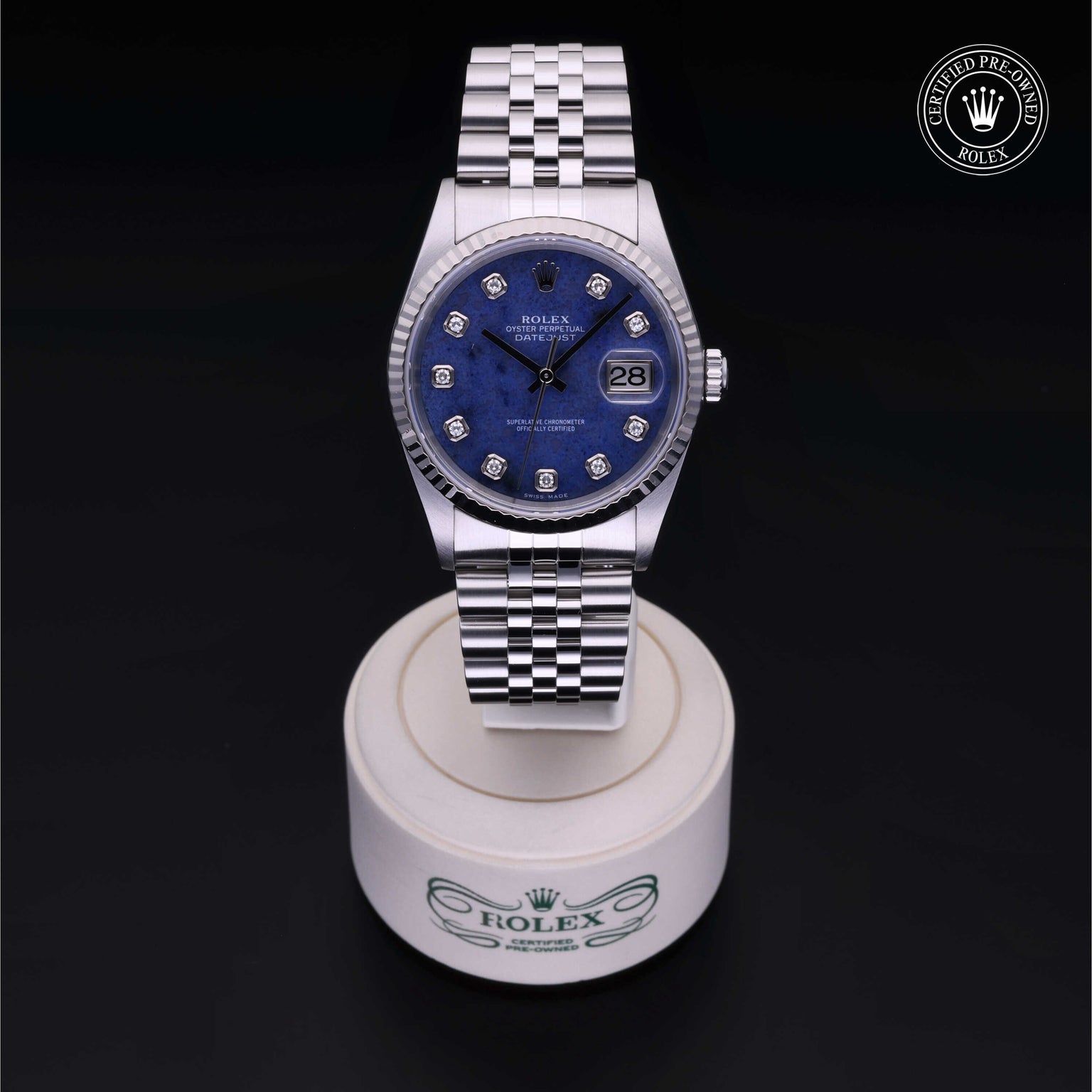 Rolex Certified Pre-owned Datejust M16234-0060 front on black background