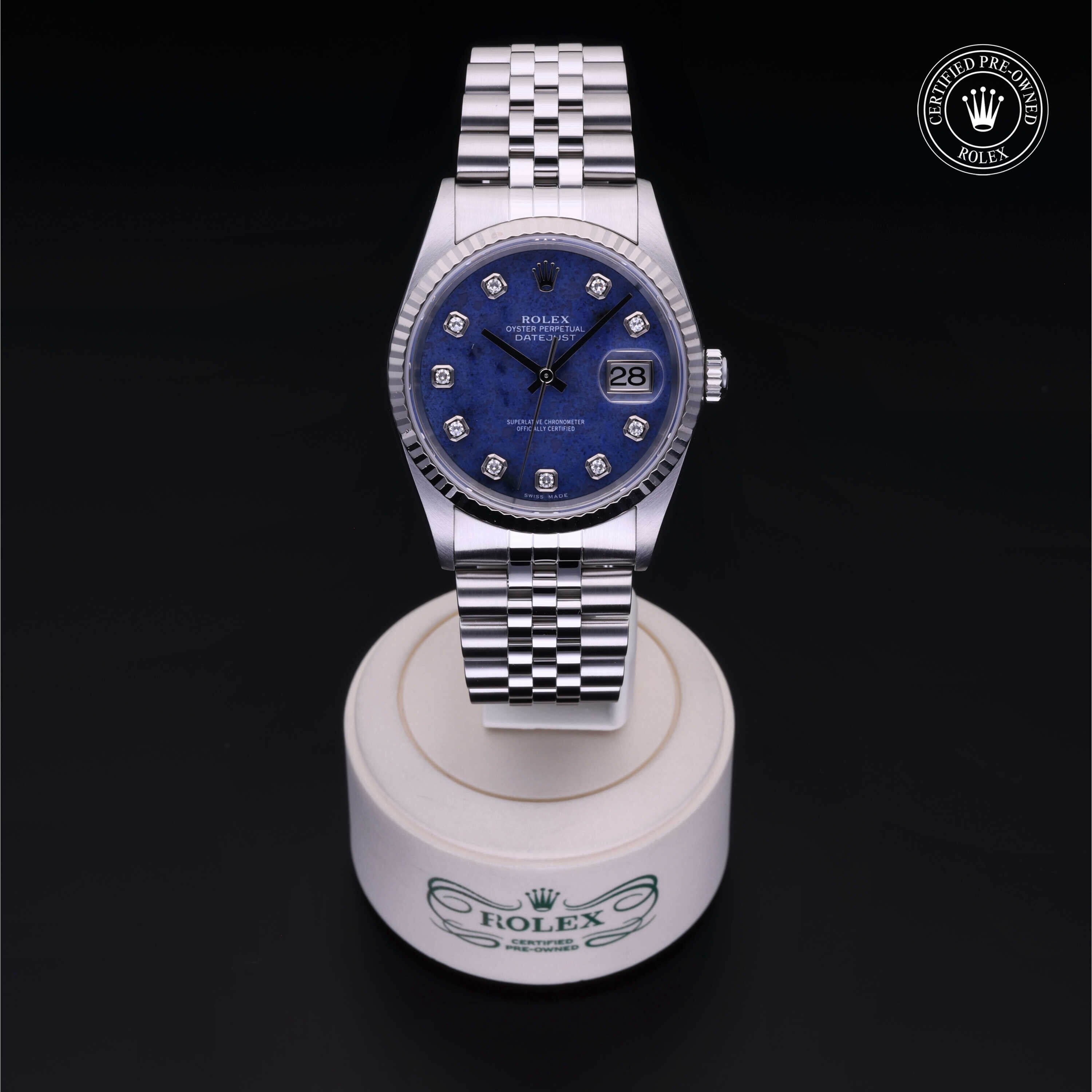 Rolex Certified Pre-owned Datejust M16234-0060 front on black background