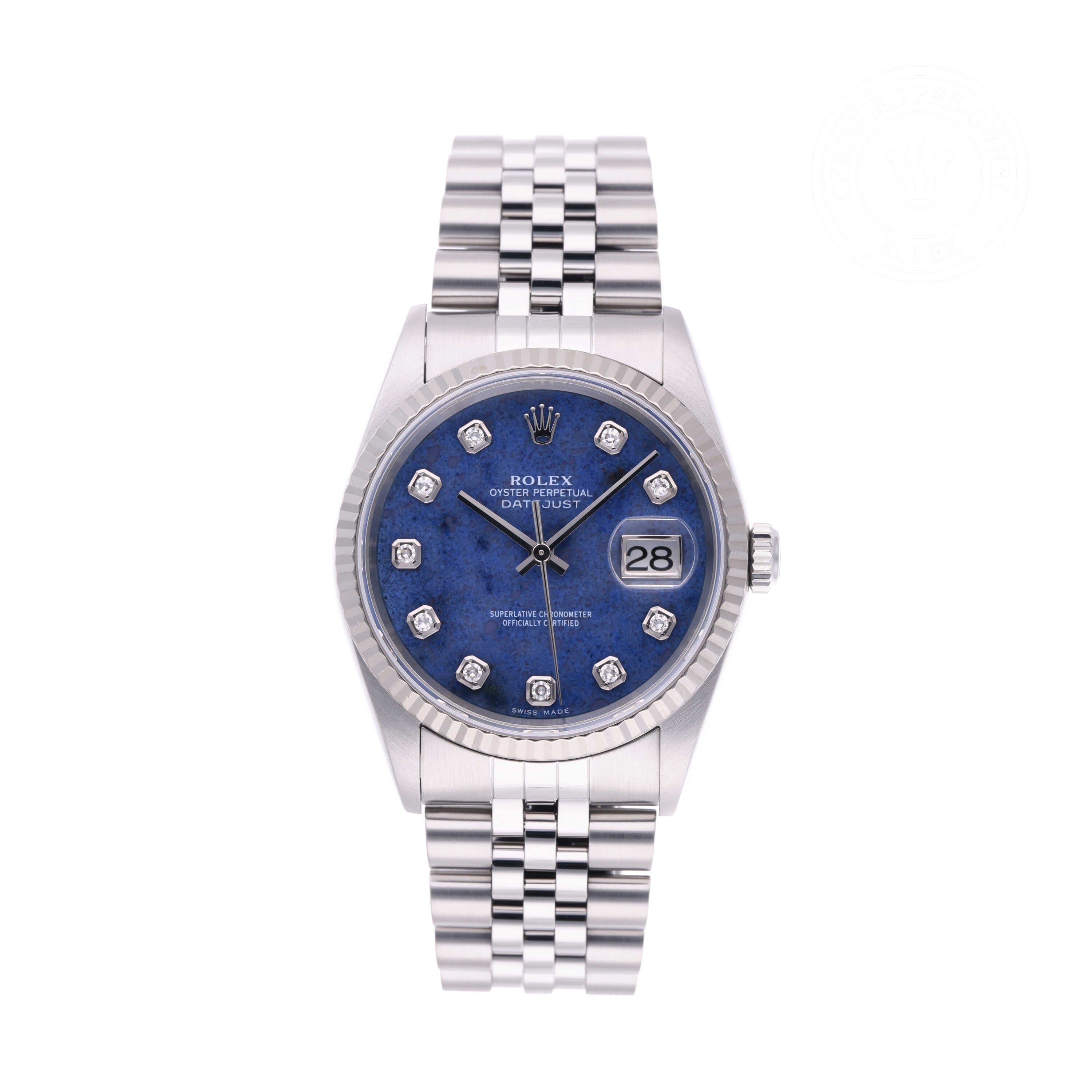 Rolex Certified Pre-owned Datejust M16234-0060 front on white background