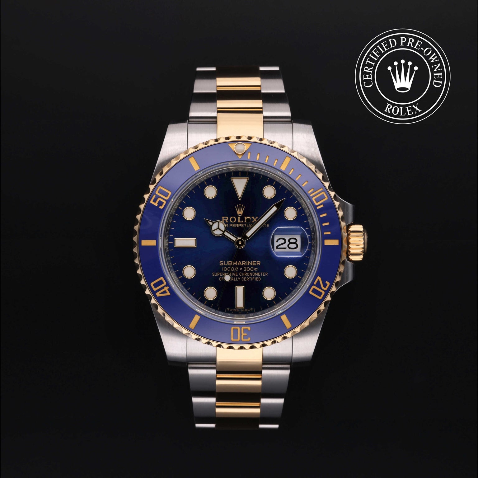 Rolex Certified Pre-owned Submariner M116613LB-0005 front on black background