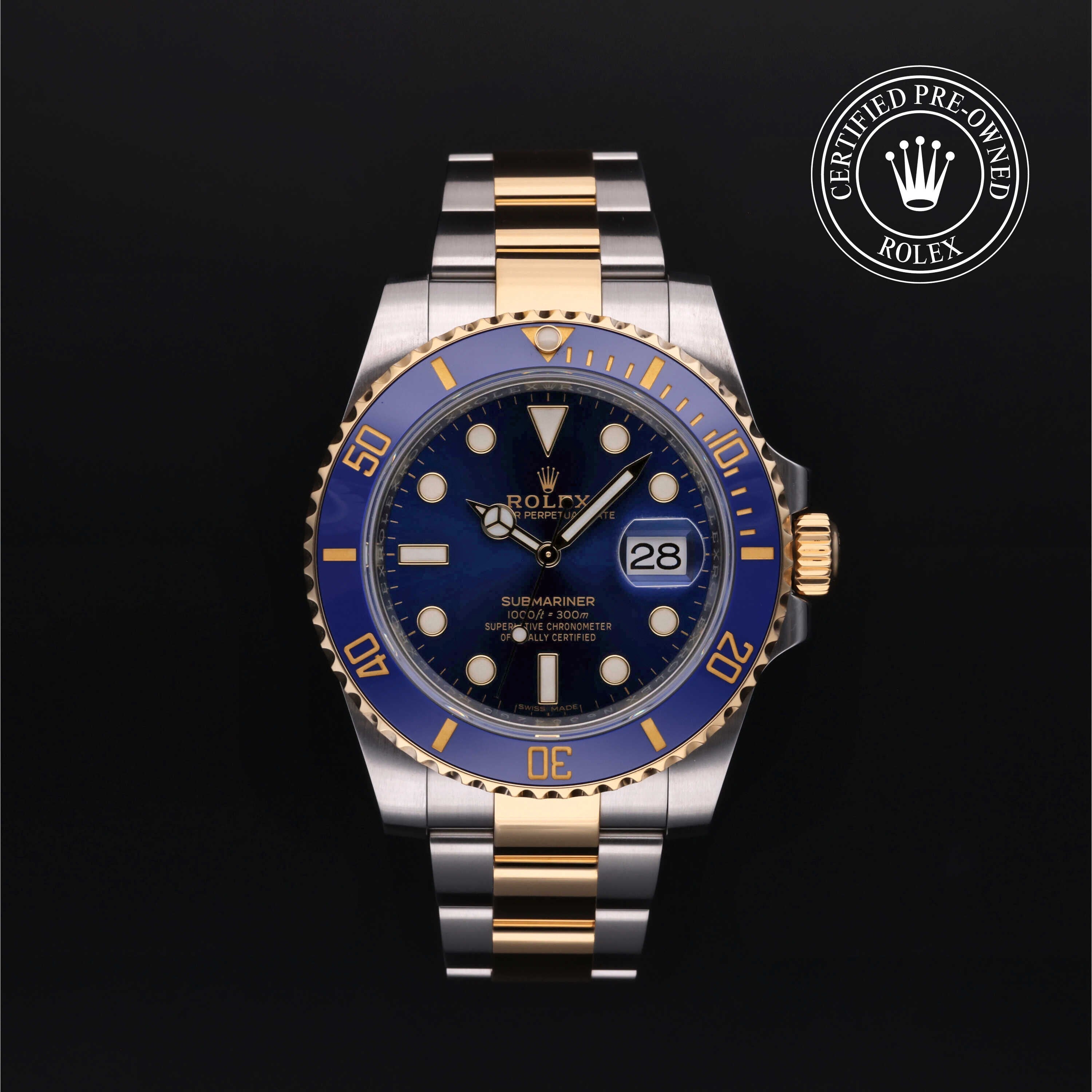 Rolex Certified Pre-owned Submariner M116613LB-0005 front on black background