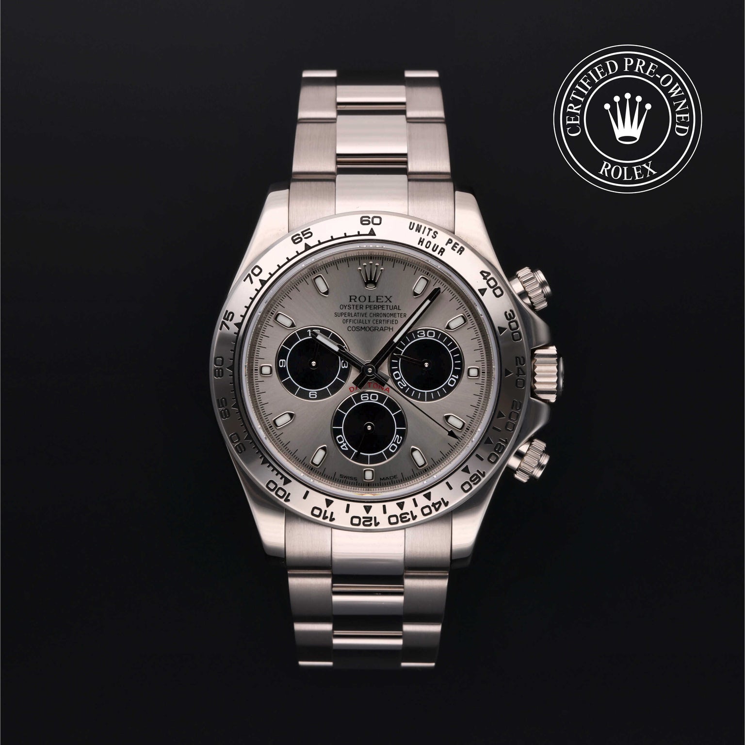 Rolex Certified Pre-owned Daytona M116509-0072 front on black background