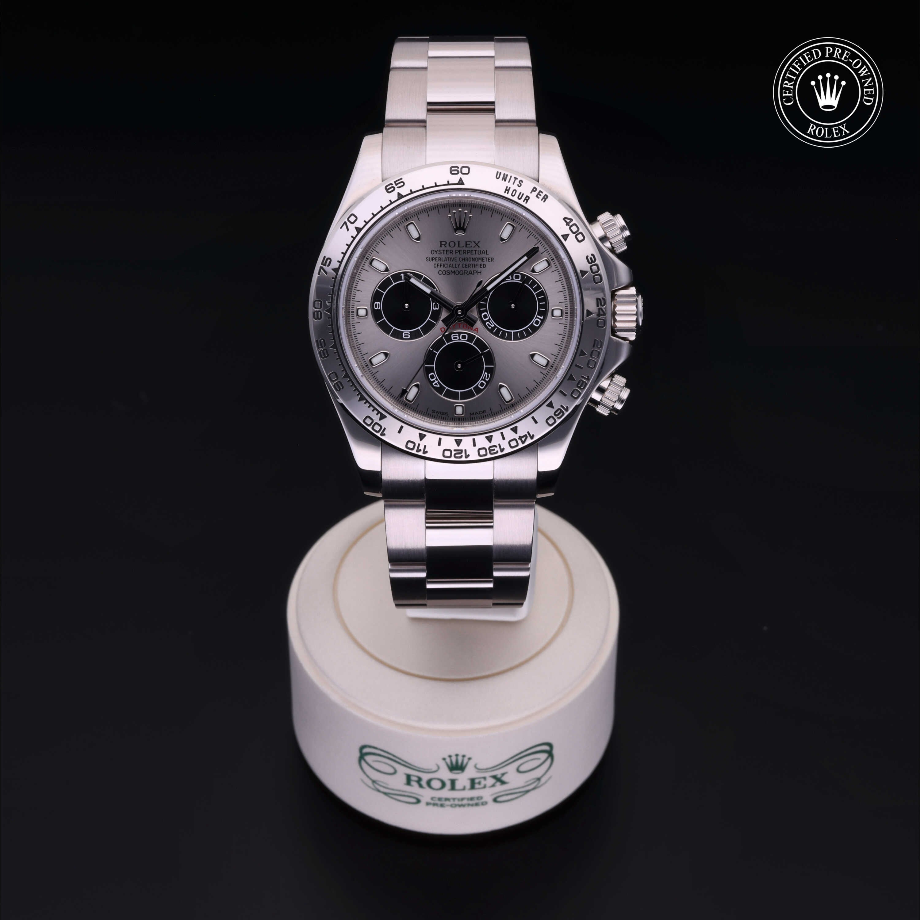 Rolex Certified Pre-owned Daytona M116509-0072 front on black background