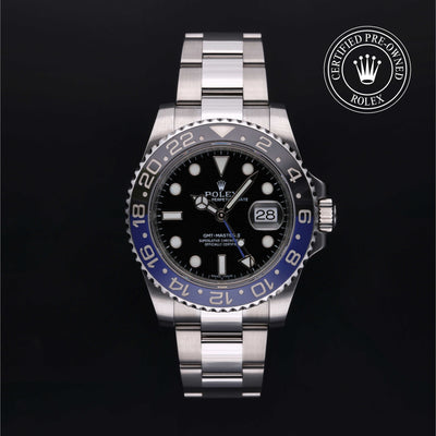 Rolex Certified Pre-owned GMT M116710BLNR-0002 front on black background