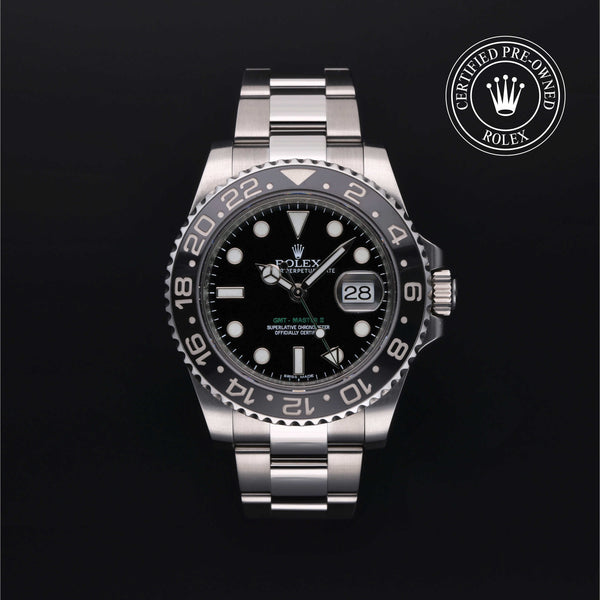 Rolex Certified Pre-owned GMT M116710LN-0001 front on black background