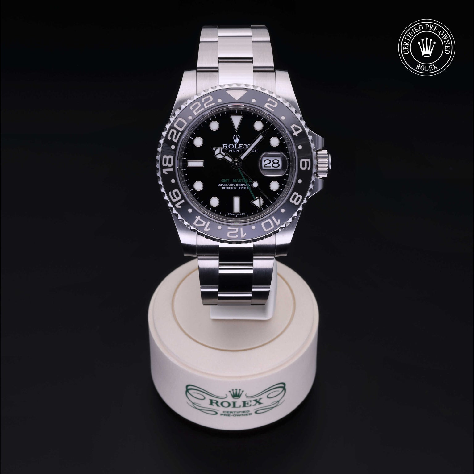 Rolex Certified Pre-owned GMT M116710LN-0001 front on black background