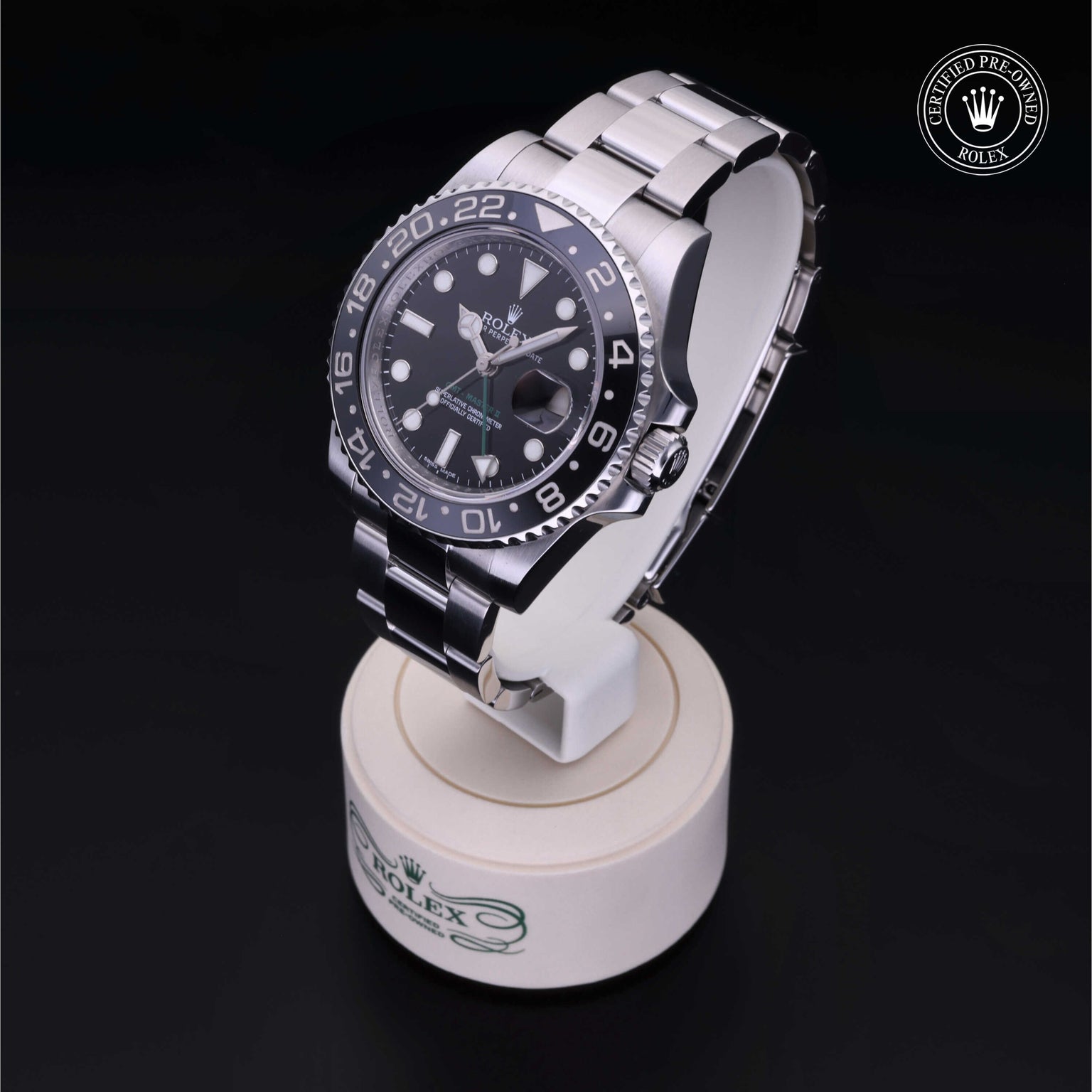 Rolex Certified Pre-owned GMT M116710LN-0001 front on black background