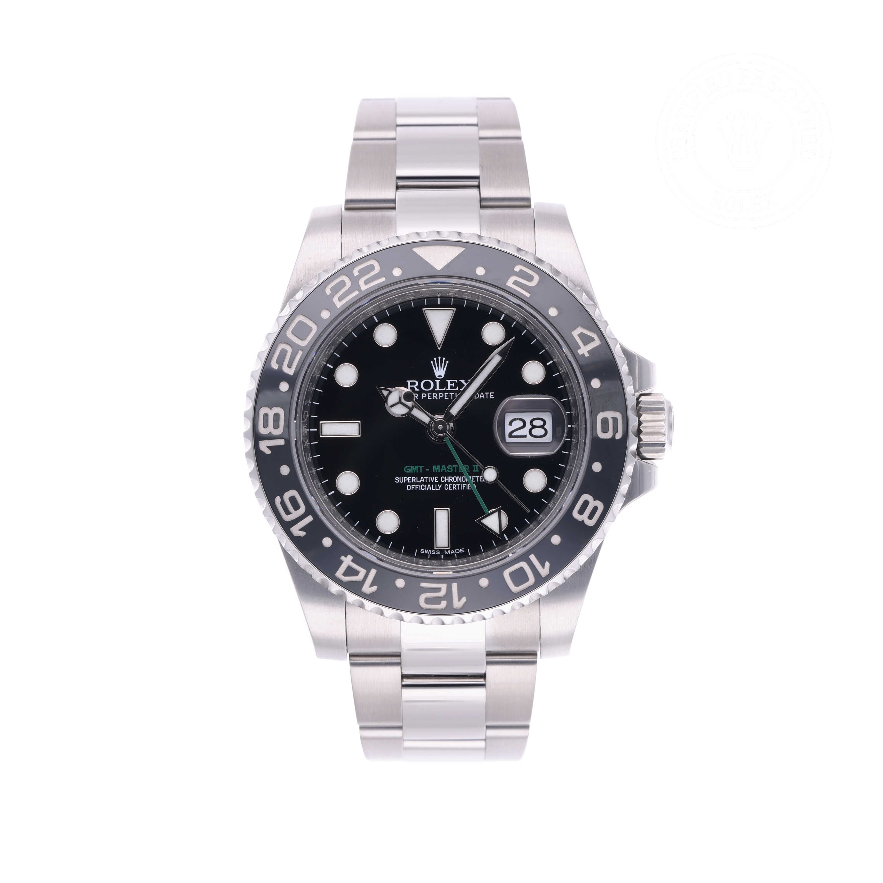 Rolex Certified Pre-owned GMT M116710LN-0001 front on white background