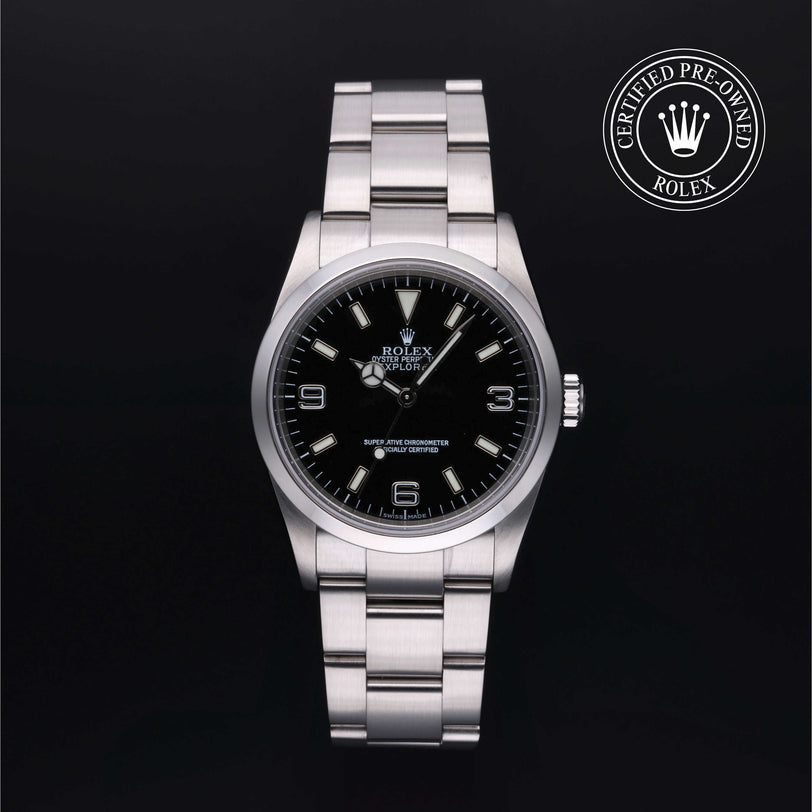 Rolex Certified Pre-owned Explorer M114270-0002 front on black background