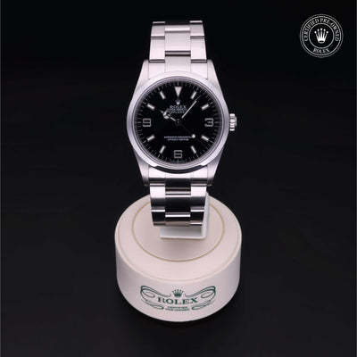 Rolex Certified Pre-owned Explorer M114270-0002 front on black background