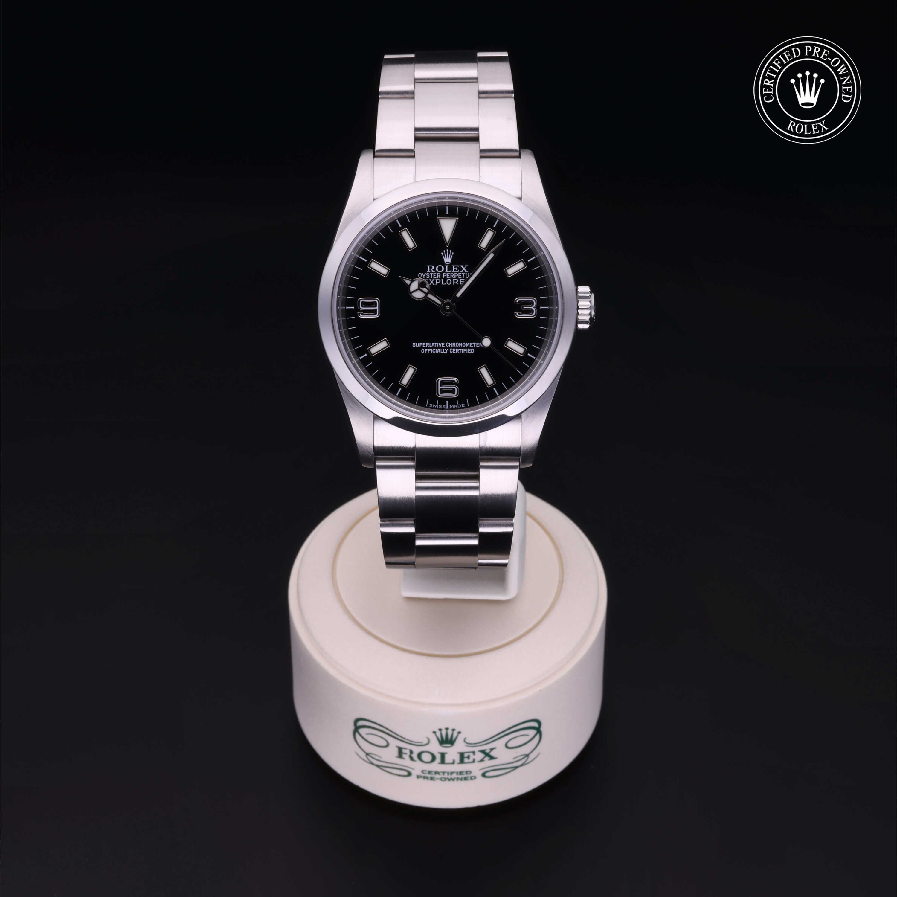Rolex Certified Pre-owned Explorer M114270-0002 front on black background