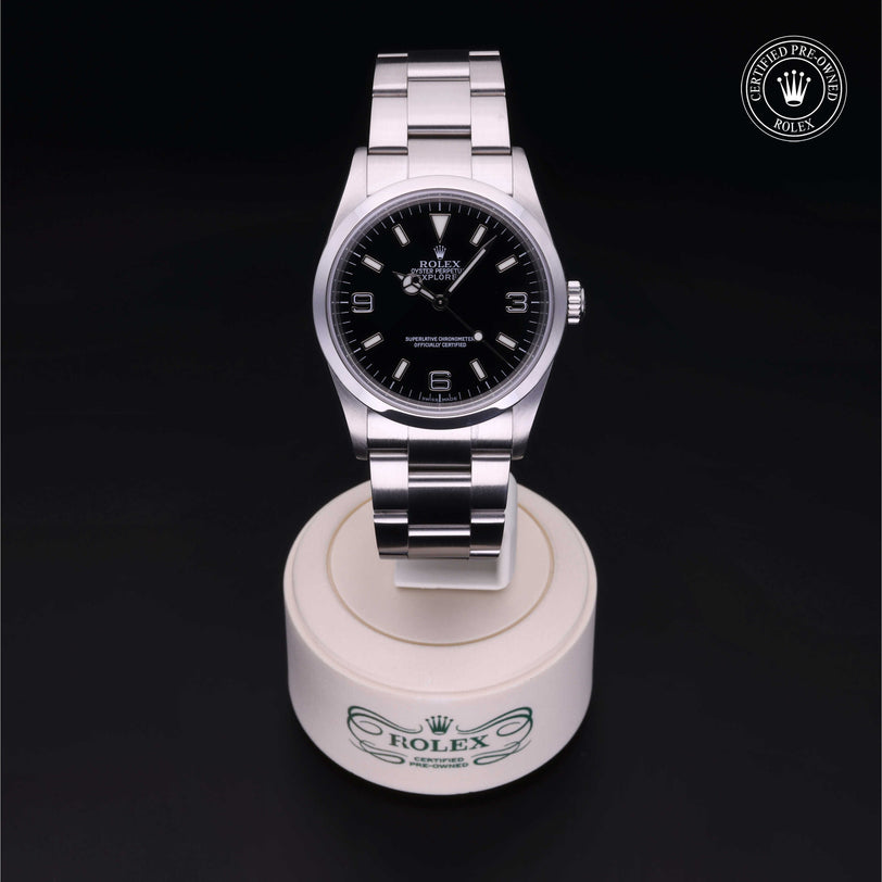 Rolex Certified Pre-owned Explorer M114270-0002 front on black background
