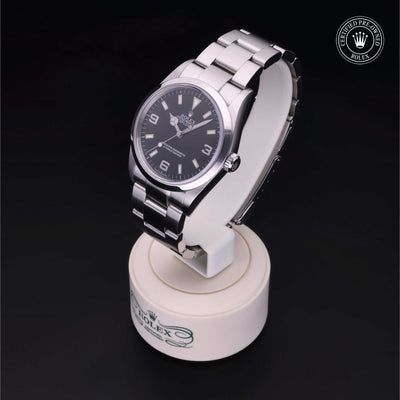 Rolex Certified Pre-owned Explorer M114270-0002 front on black background