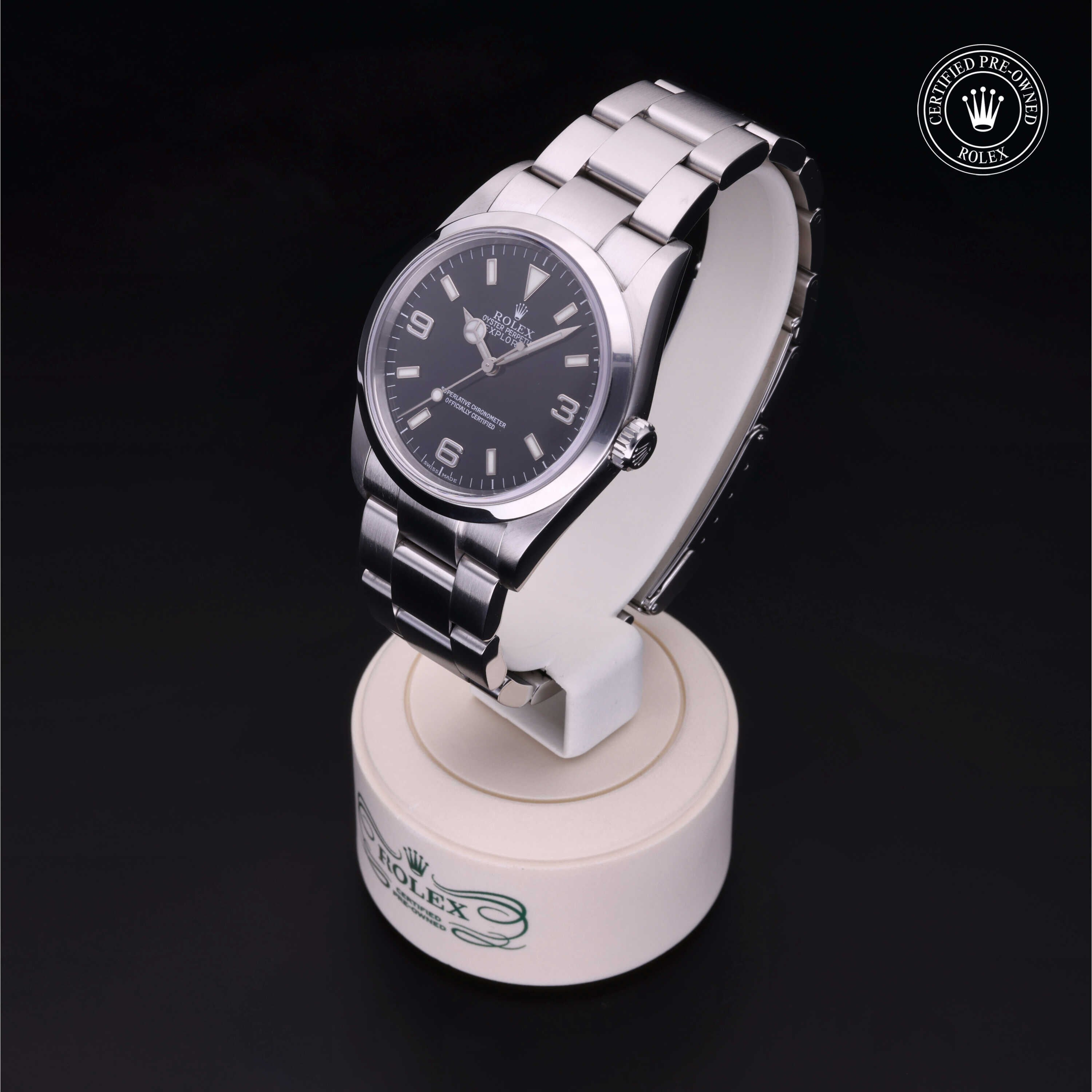 Rolex Certified Pre-owned Explorer M114270-0002 front on black background