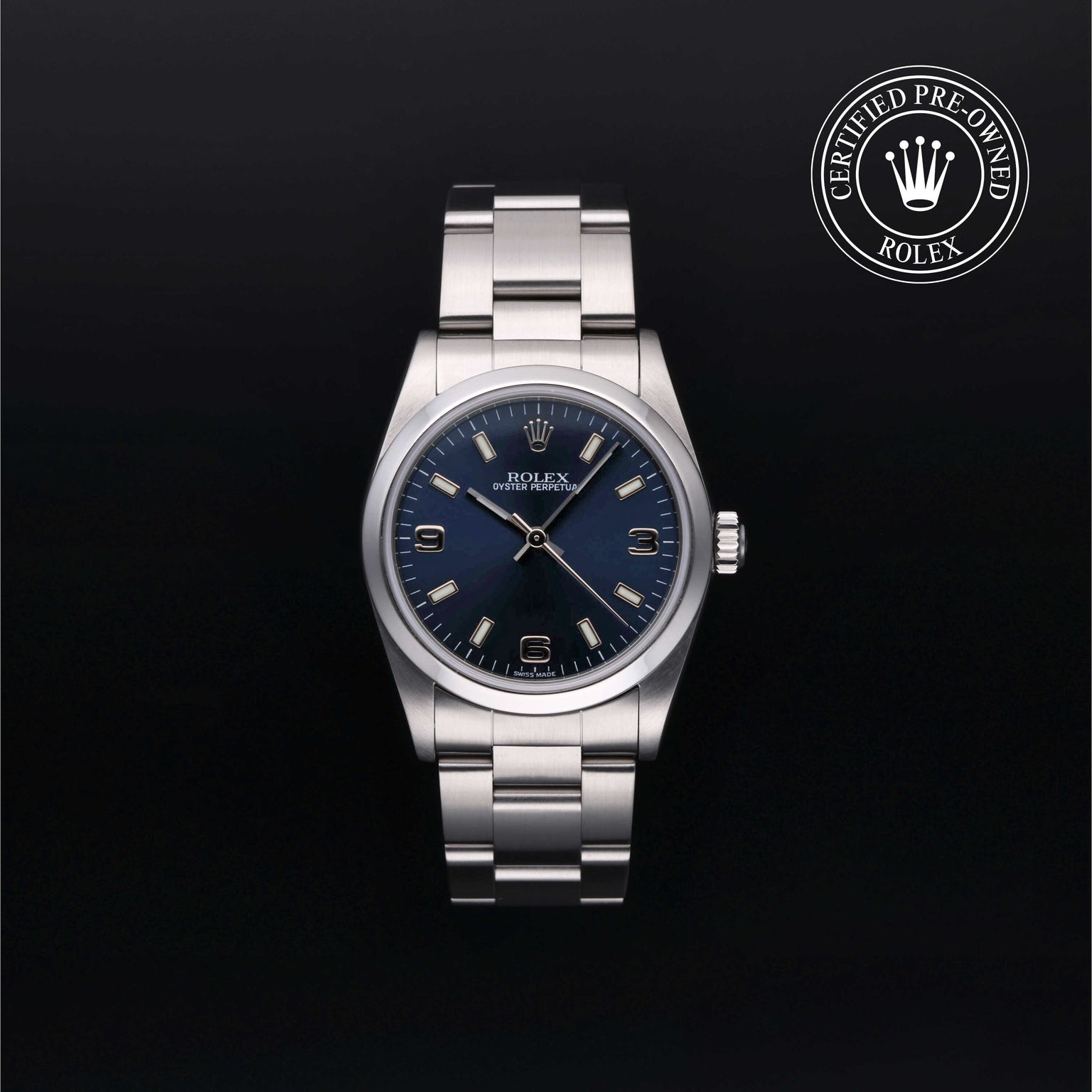 Rolex Certified Pre-owned Oyster Perpetual M77080-0028 front on black background
