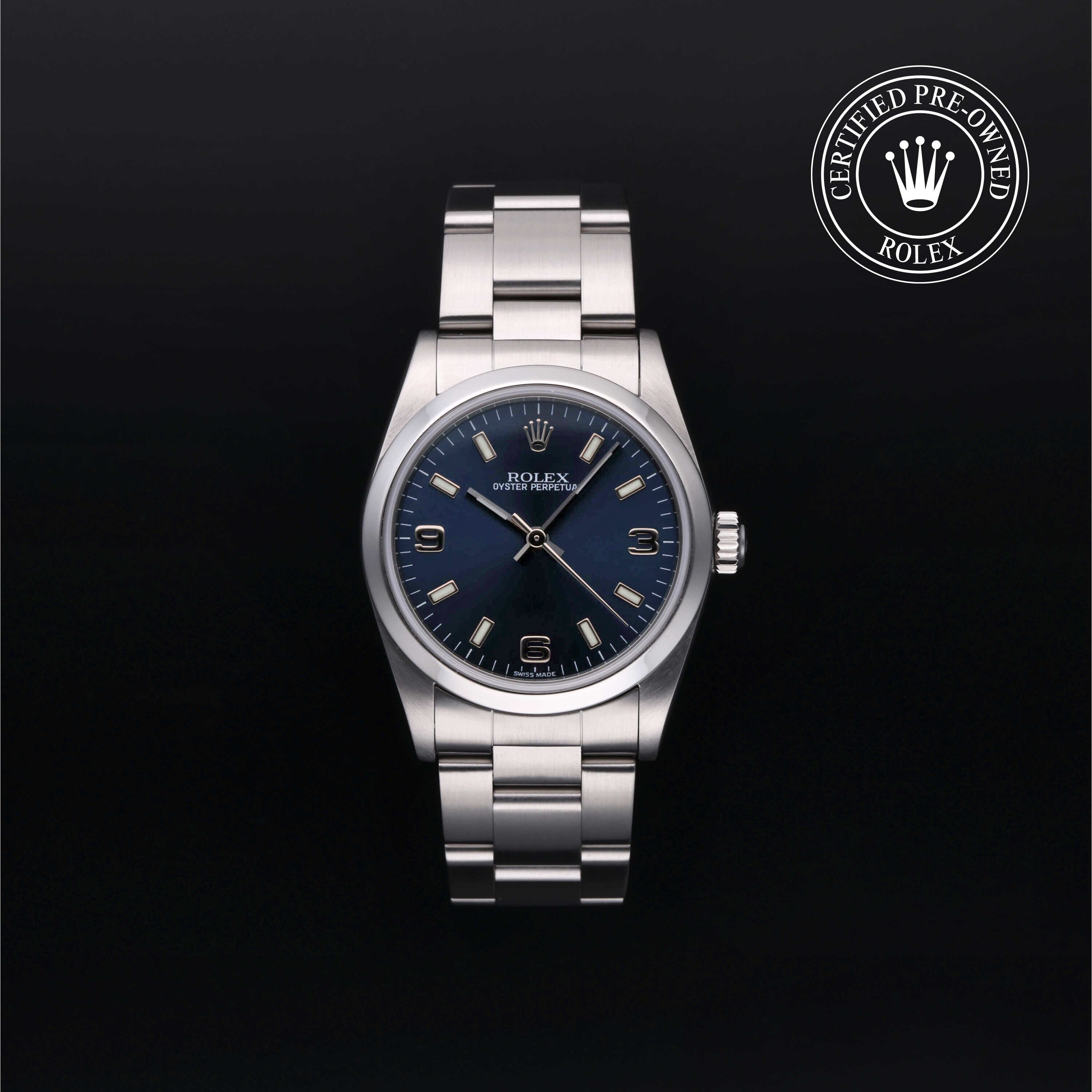 Rolex Certified Pre-owned Oyster Perpetual M77080-0028 front on black background