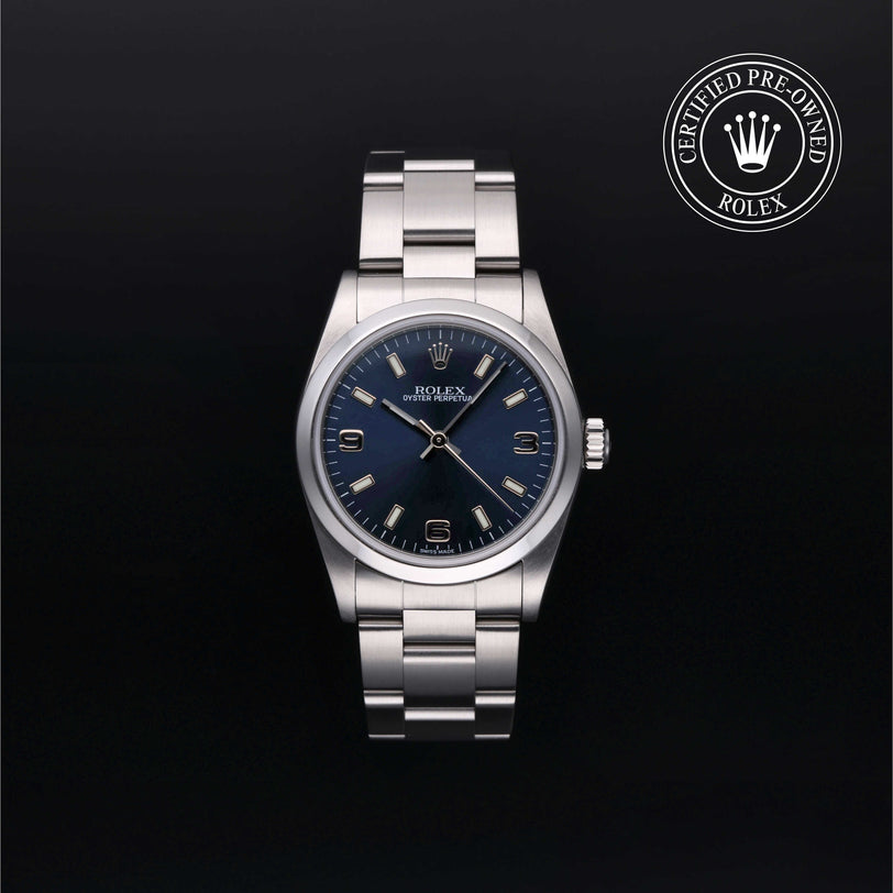Rolex Certified Pre-owned Oyster Perpetual M77080-0028 front on black background