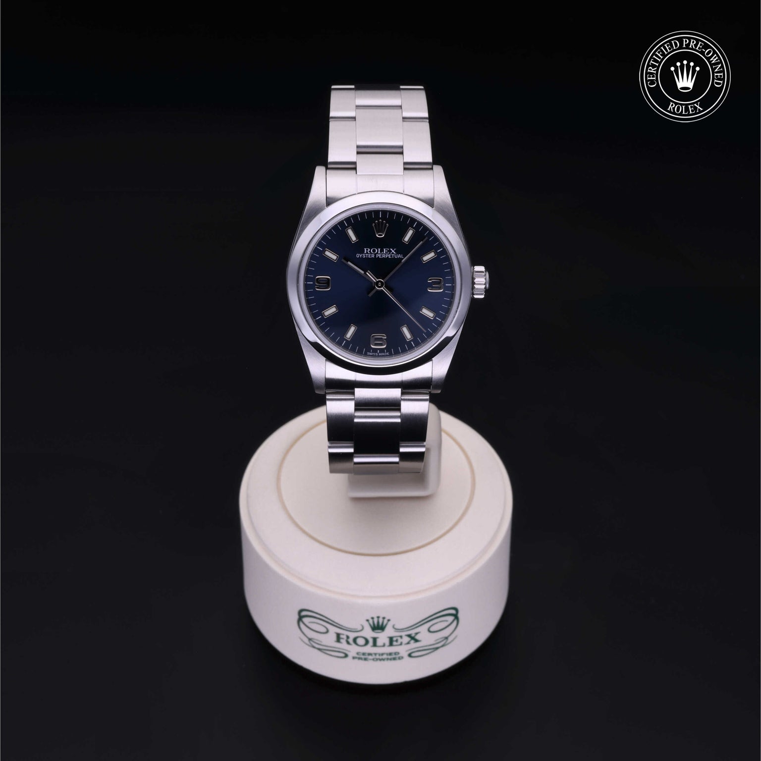 Rolex Certified Pre-owned Oyster Perpetual M77080-0028 front on black background